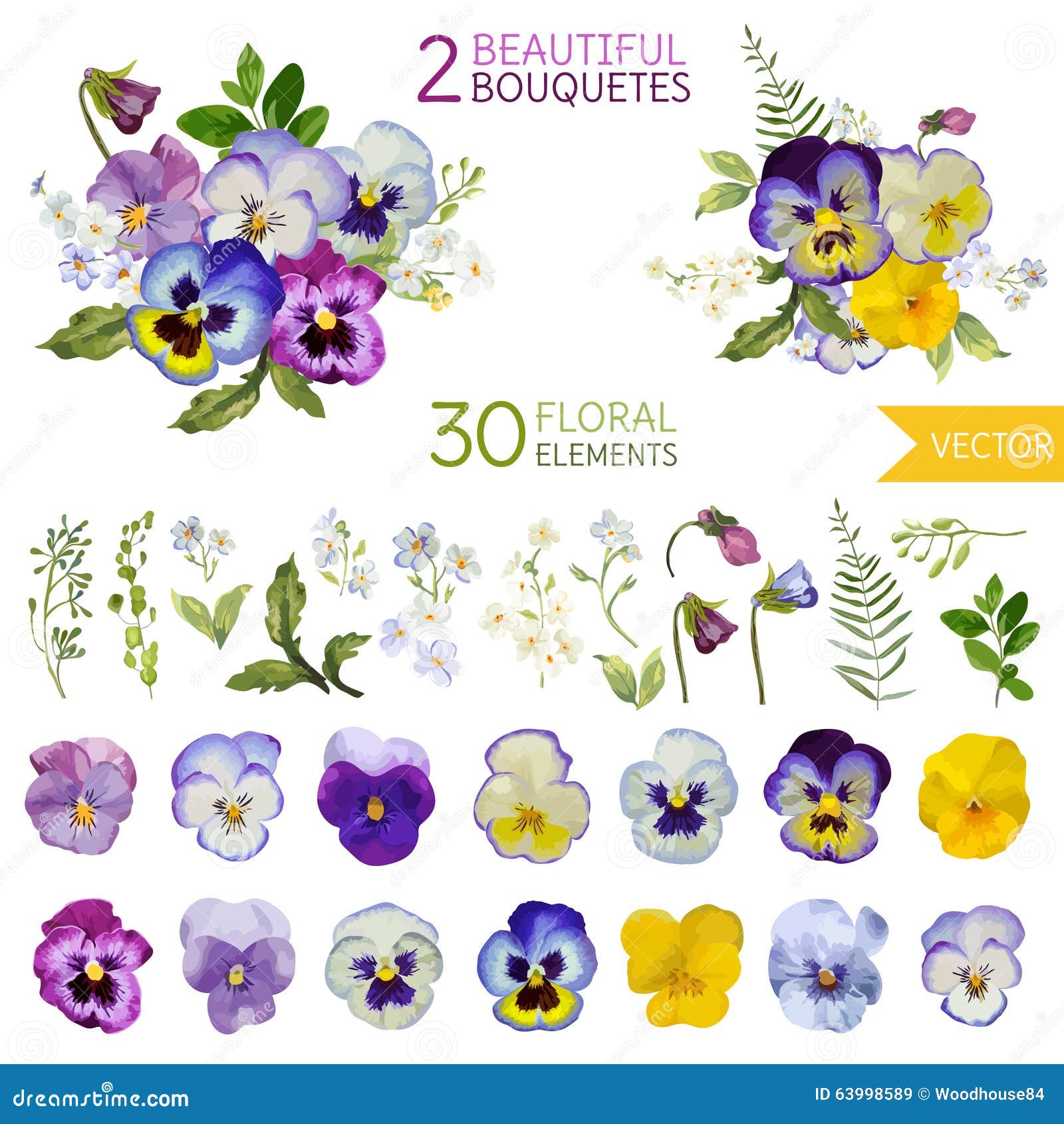 vintage pansy flowers and leaves