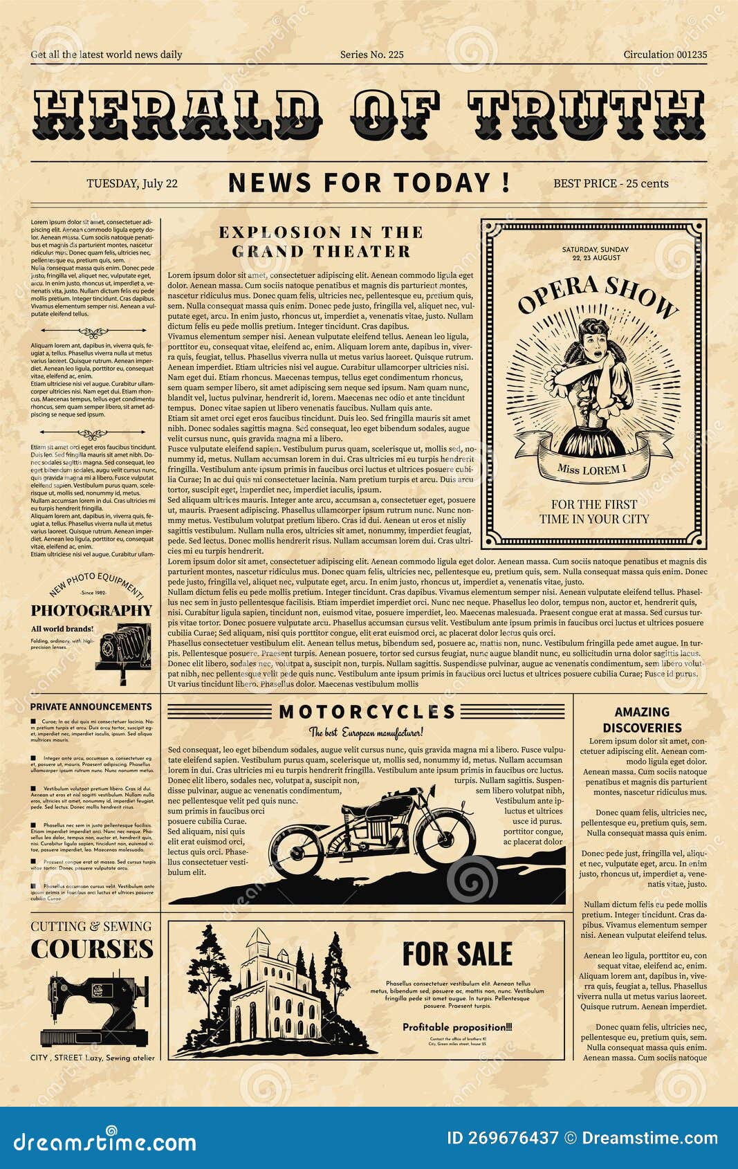 Vintage Paper News, Old Poster Template. Retro Article Page Template