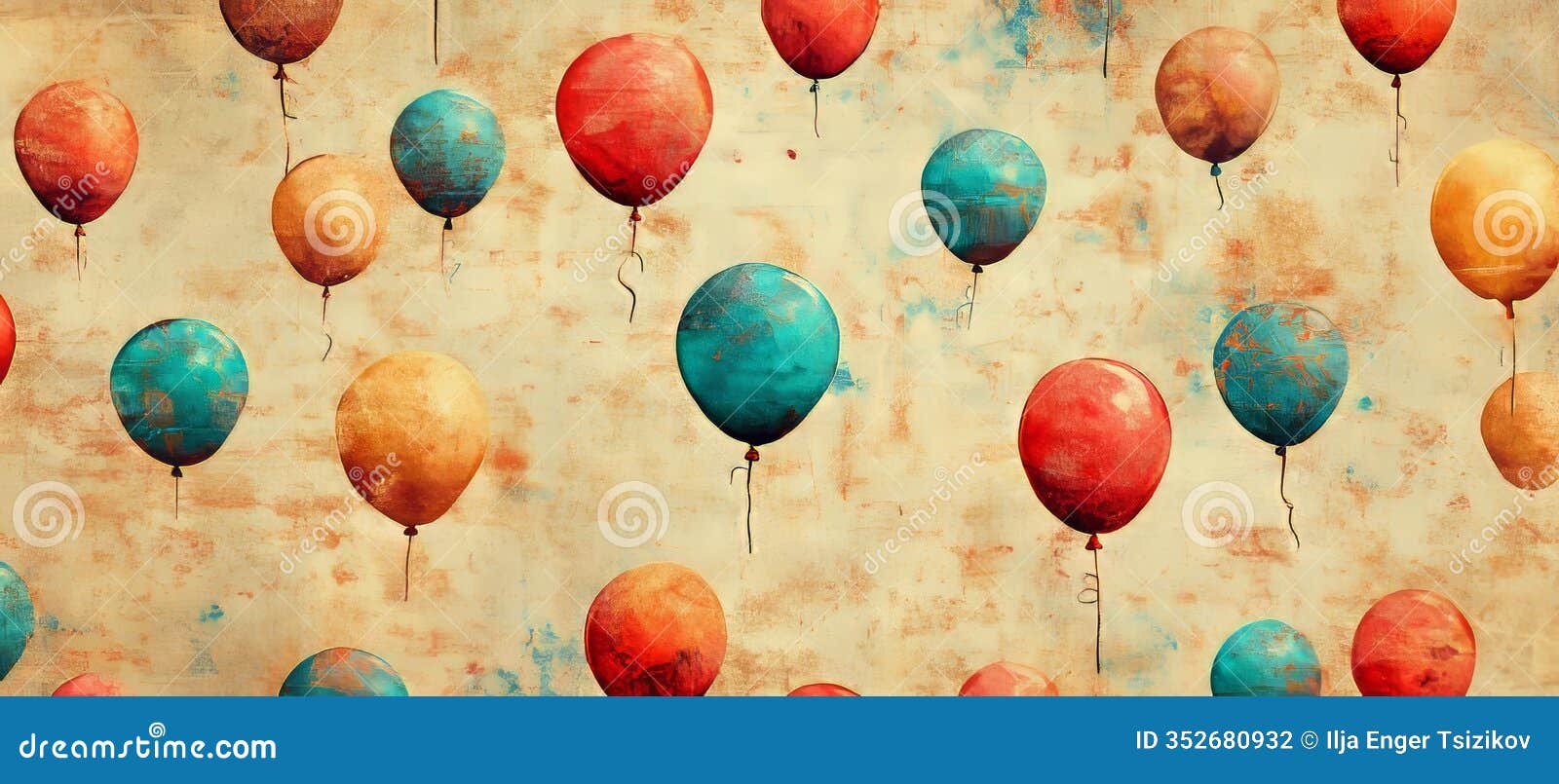 vintage party clipart on a textured cream background, various colorful balloons floating