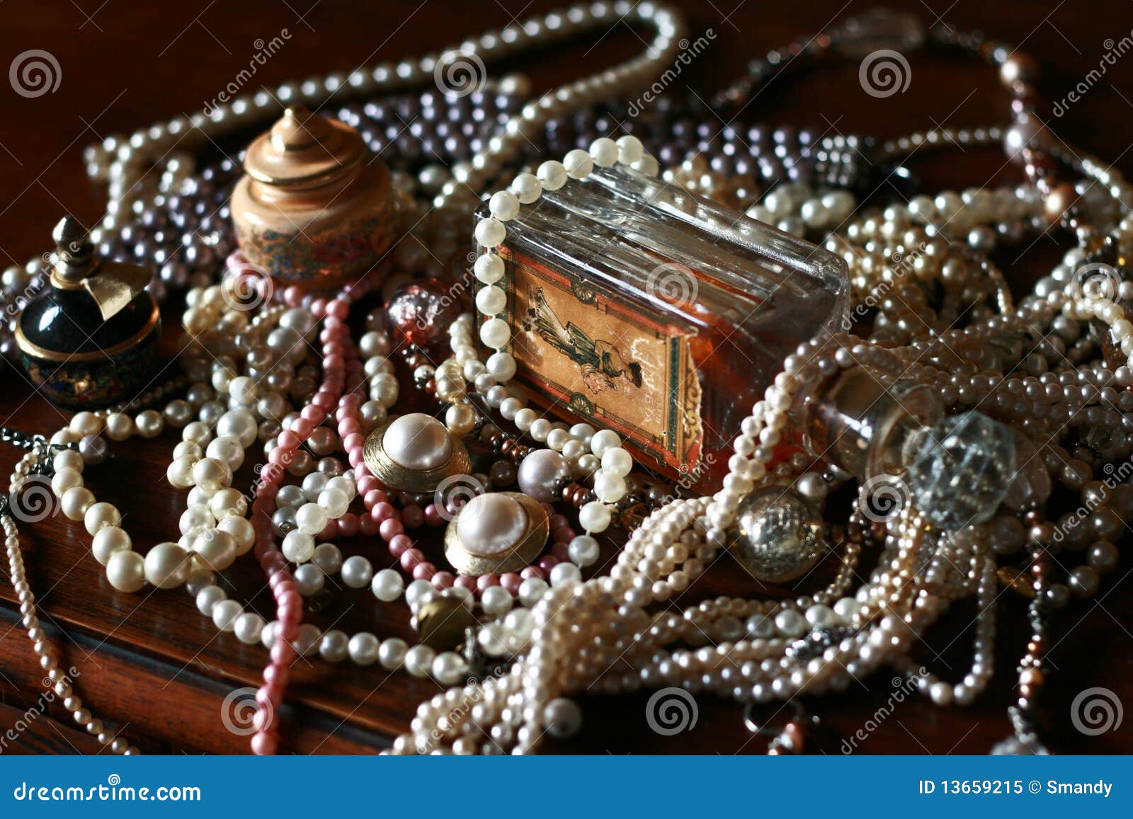 vintage pearls treasure, old perfume bottle