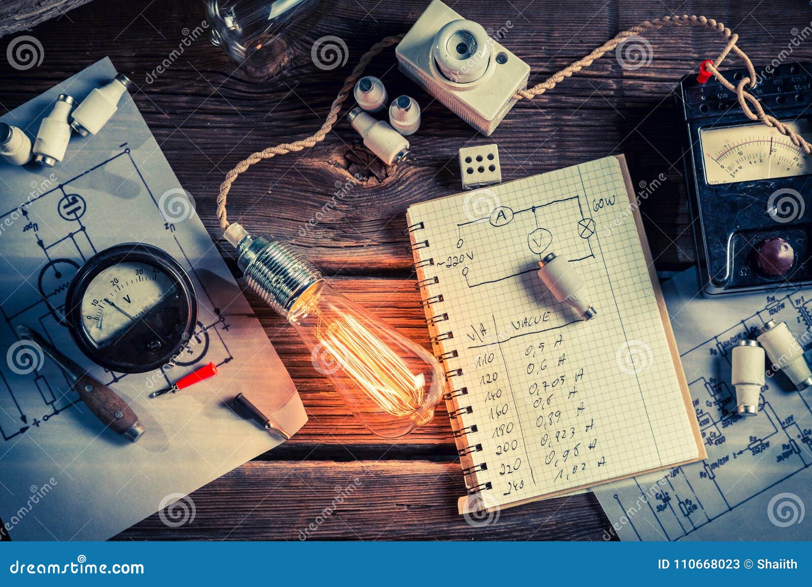 Vintage Physics Laboratory with Edison Light Bulb Stock Image Image