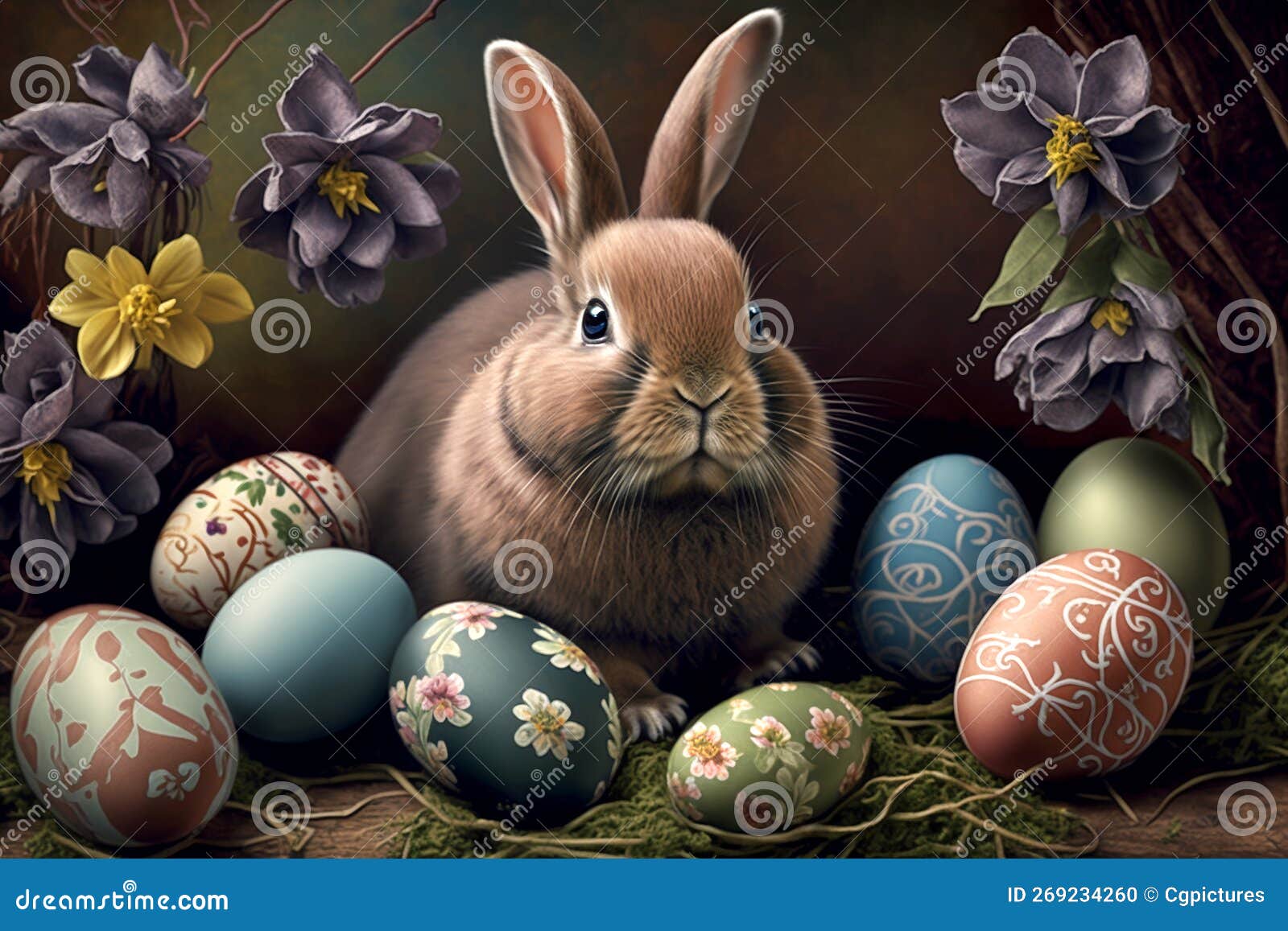 Vintage Picture with Easter Bunny Surrounded by Easter Eggs and Flowers ...