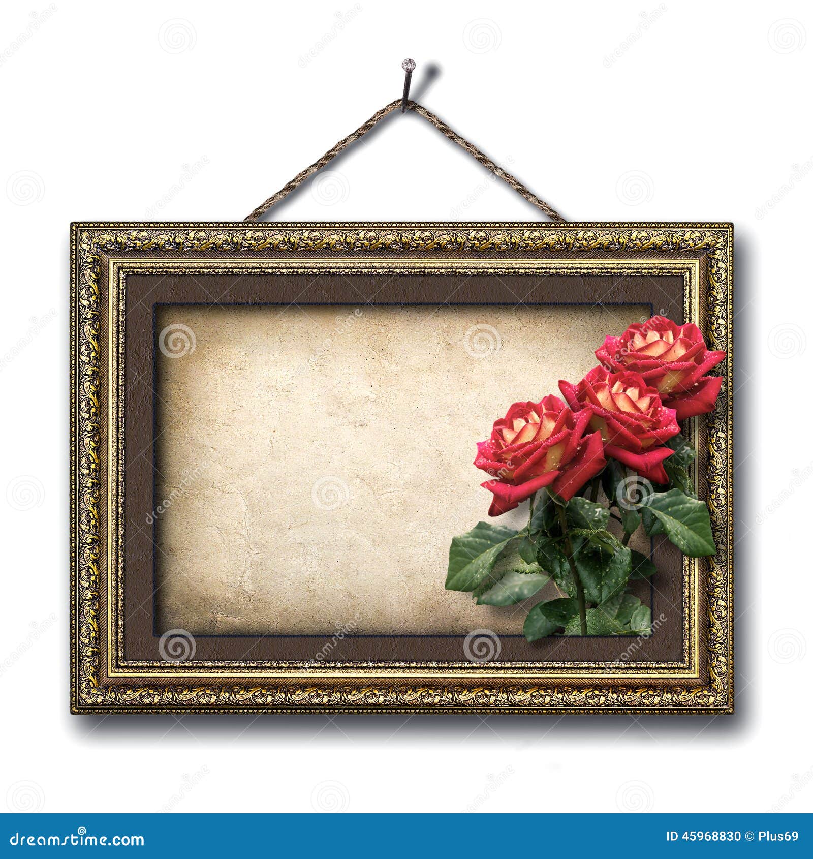 Vintage Picture Frame and a Bouquet of Red Roses Stock Photo Image of