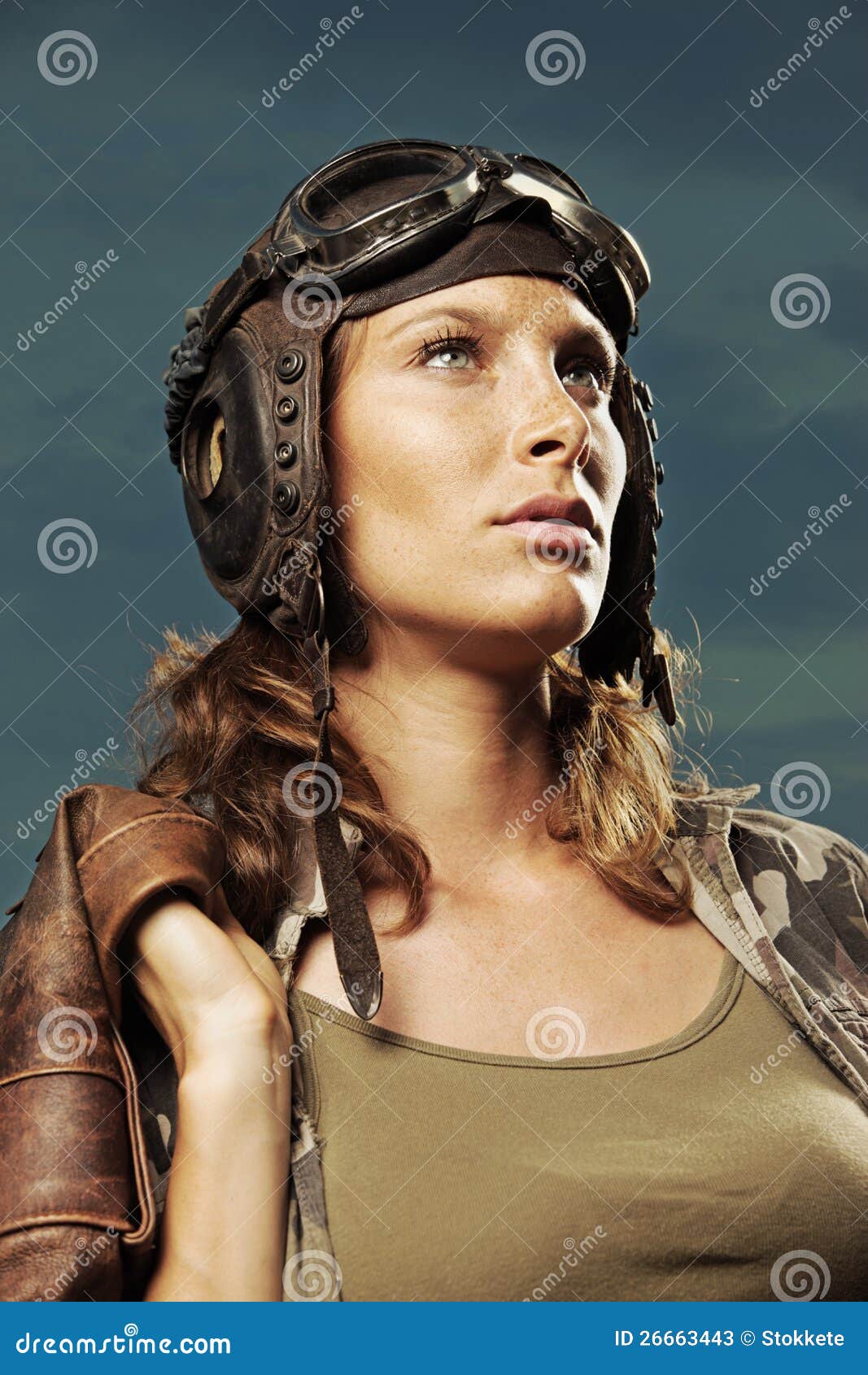 old time pilot helmet on girl old time pilot helmet on girl