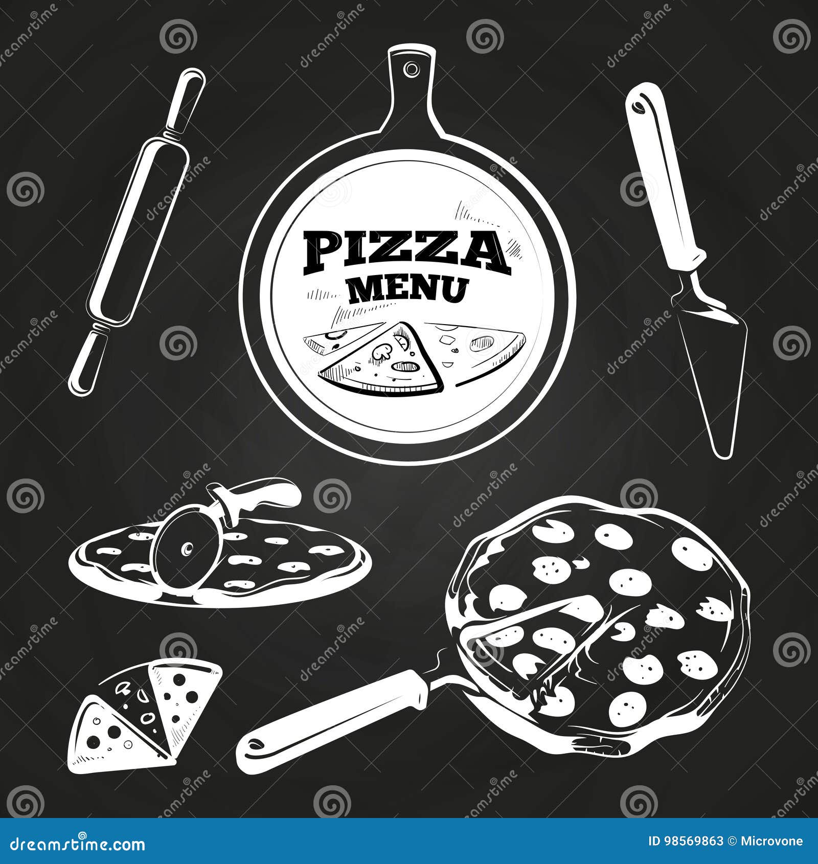 Vintage Pizza Elements on Chalkboard Stock Vector Illustration of