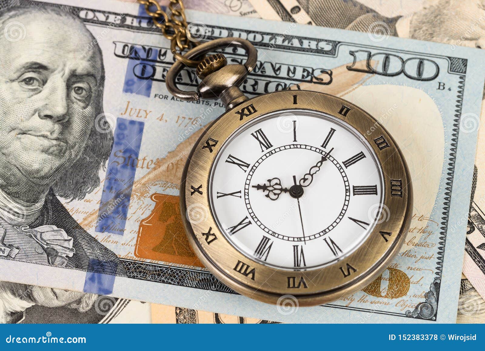 vintage pocket watch clock on dollar banknote concept for money time value