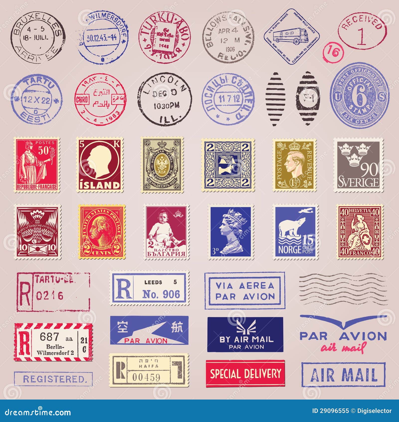 Postal stamp. Grunge post templates vintage blank tags stripped
