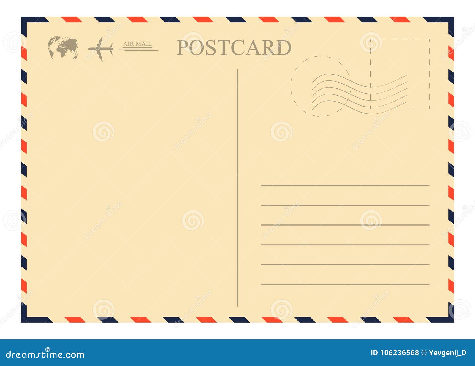 vintage postcard template. retro airmail envelope with stamp, airplane and globe