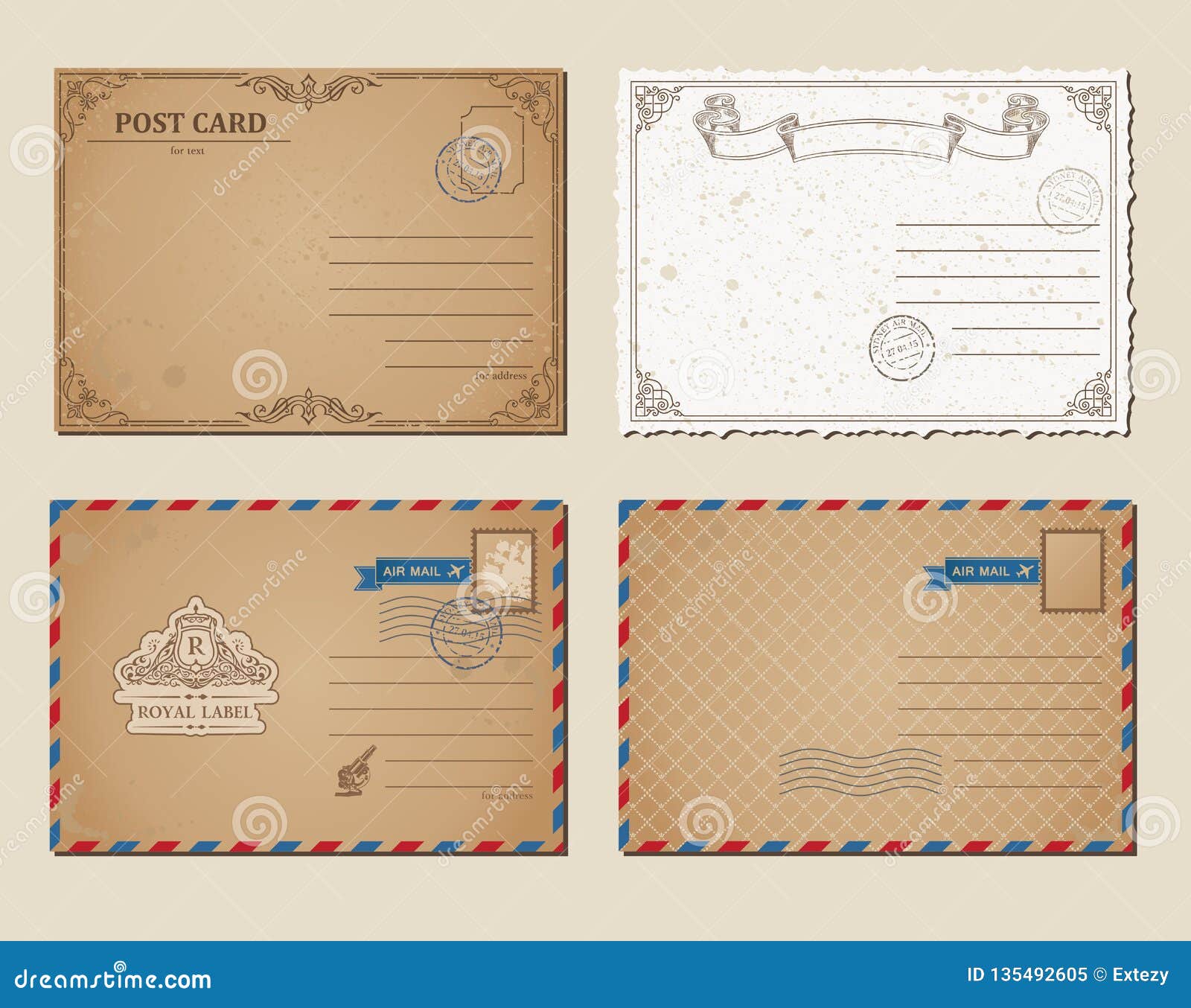 Vintage Postcards, Postage Stamps, Vector Illustration Post Cards With Post Cards Template