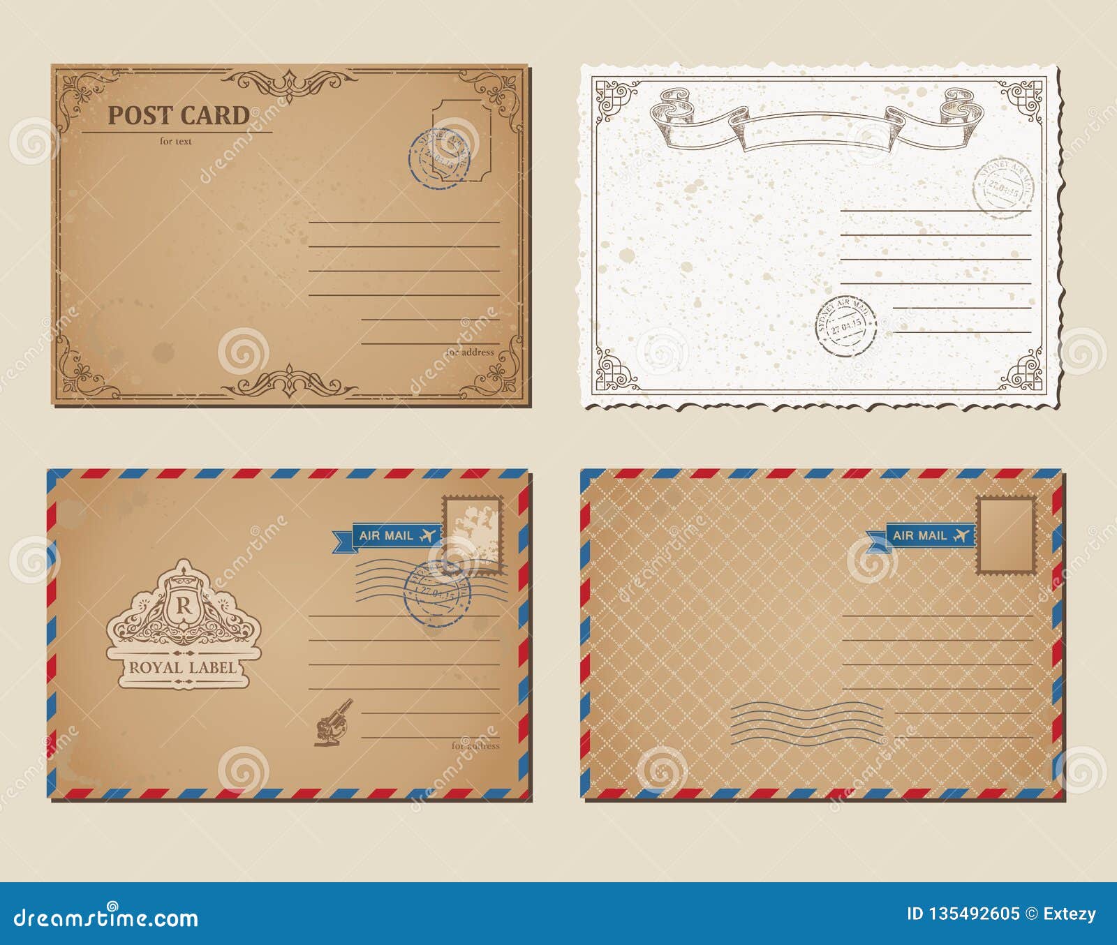 Vintage Postcards, Postage Stamps, Vector Illustration Post Cards For Post Cards Template