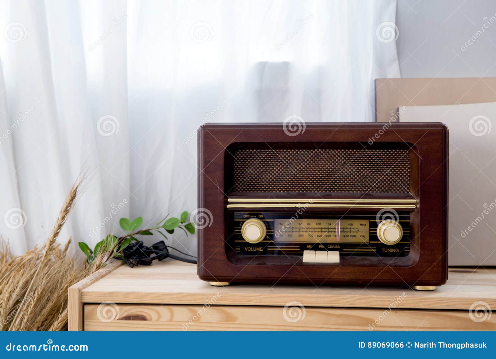Vintage Radio With Shelf On The Wooden Cabinet Stock Photo Image