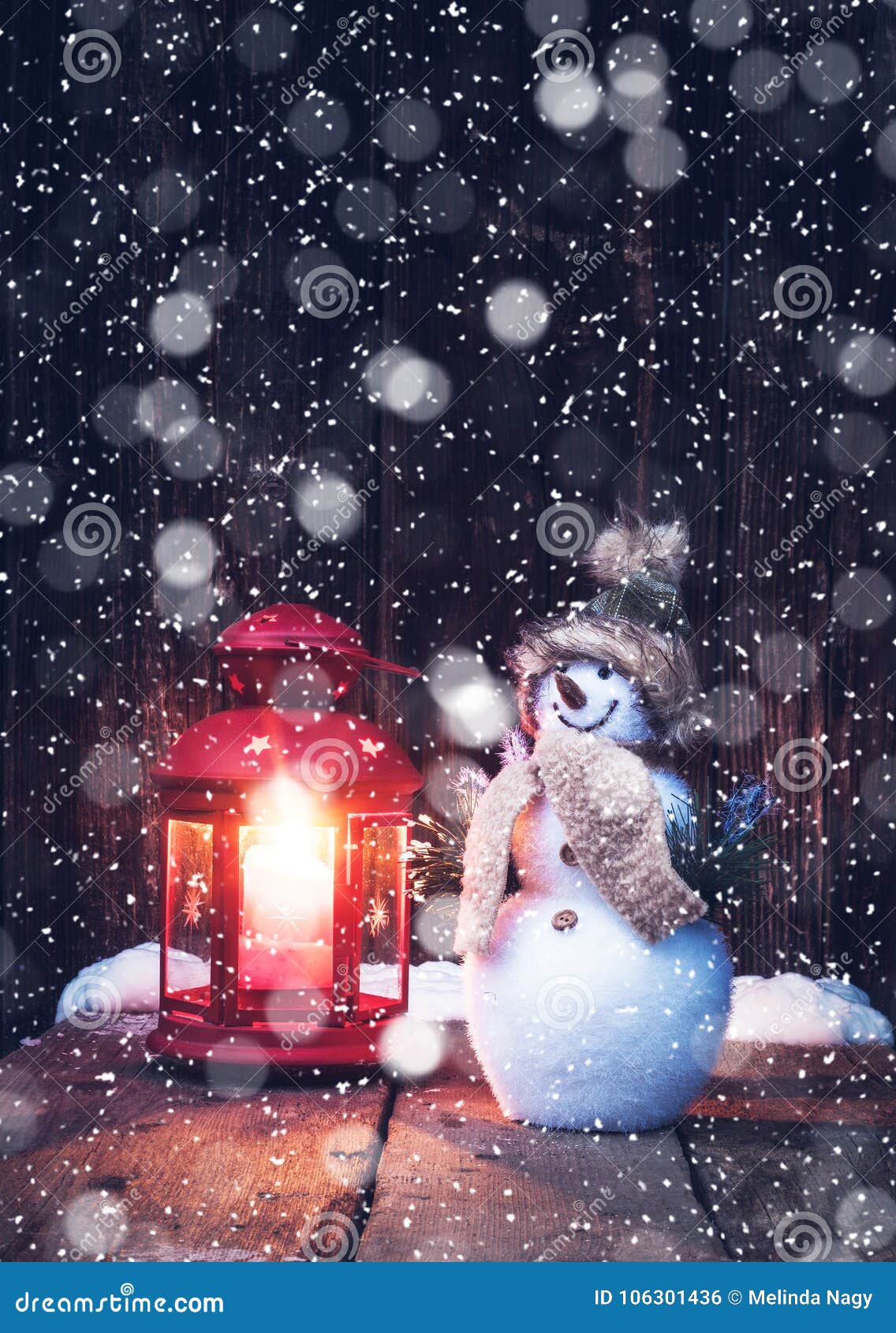 Vintage Red Christmas Lantern and Snowman in Snowfall - Christmas Card ...