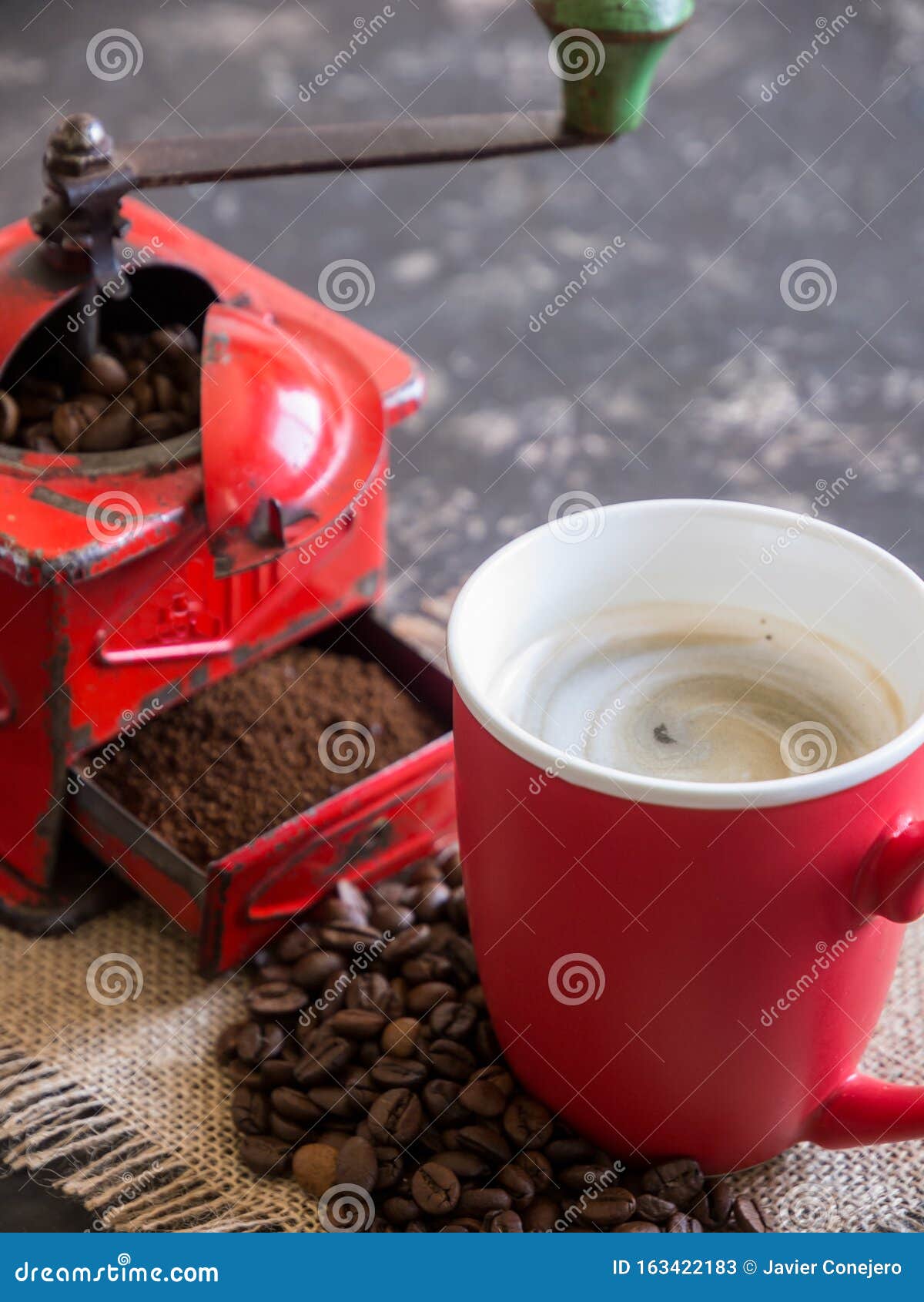 Vintage Red Coffee Grinder, Red Cup, with Coffee Beans Stock Image Image of nature, grunge