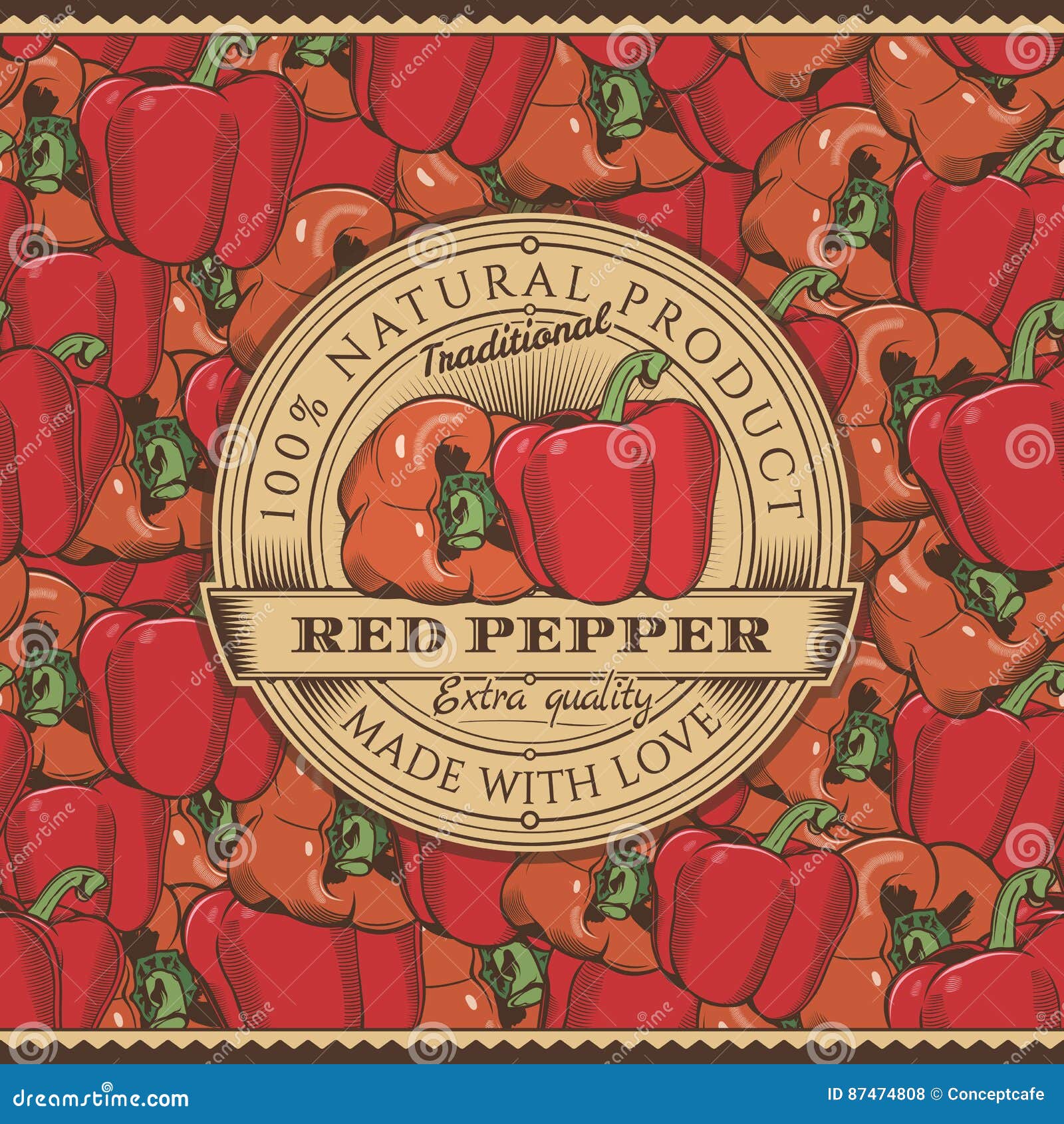 Vintage Red Pepper Label on Seamless Pattern Stock Vector