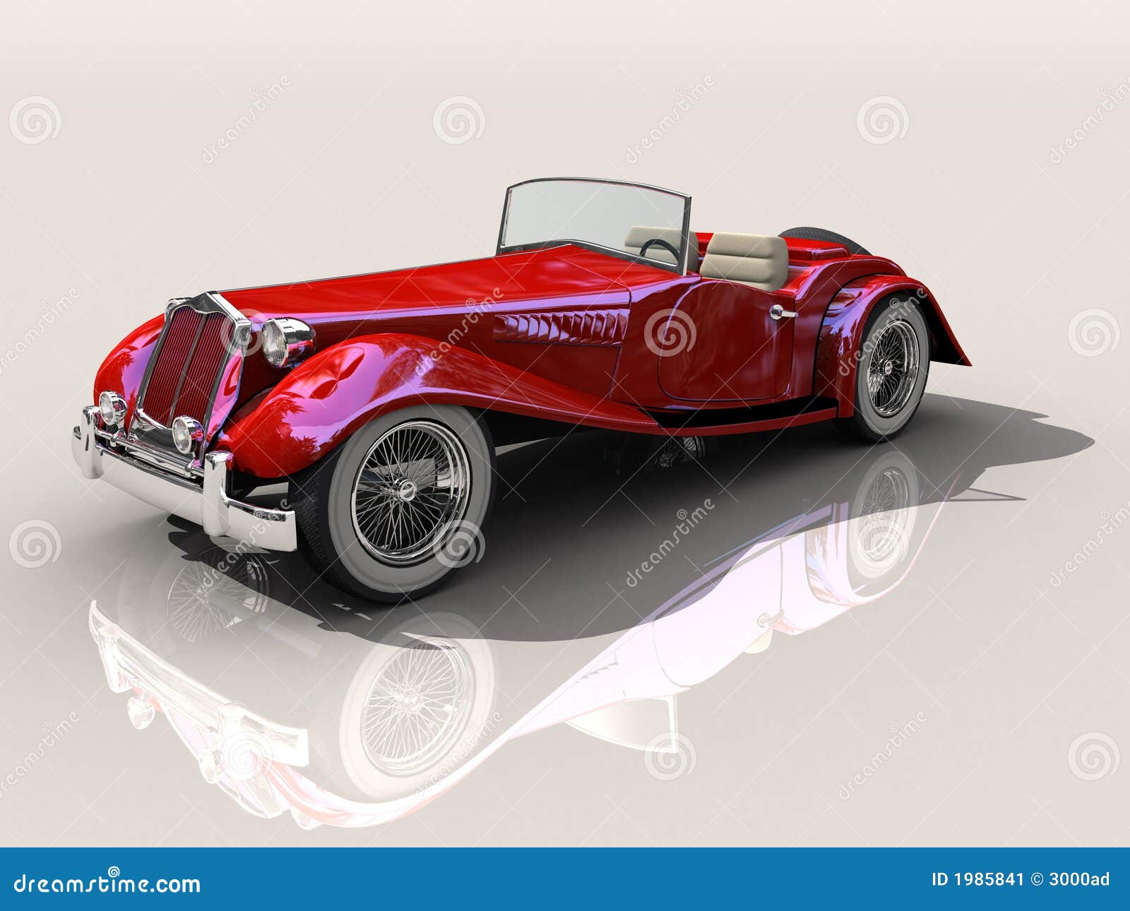 Vintage red sports car  Shiny old Hot Rod 3D model on reflective 