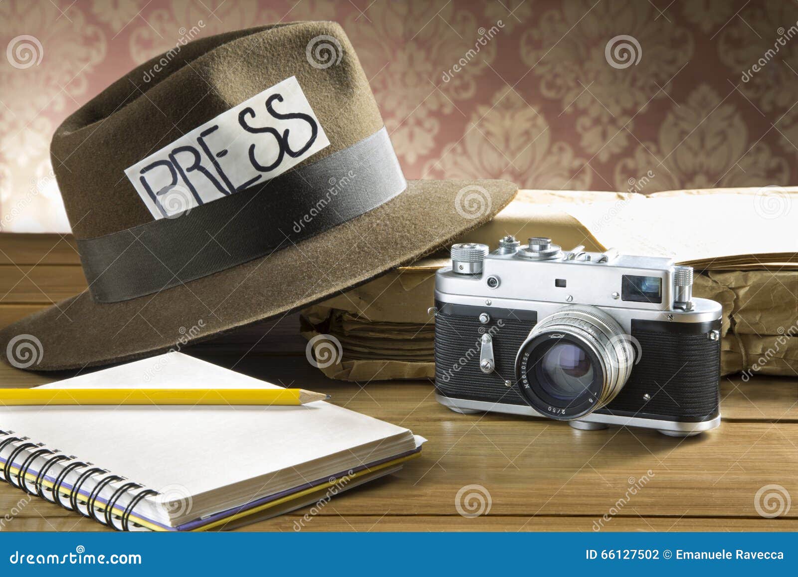 Vintage Reporter Fedora Hat Camera Stock Photo Image 66127502