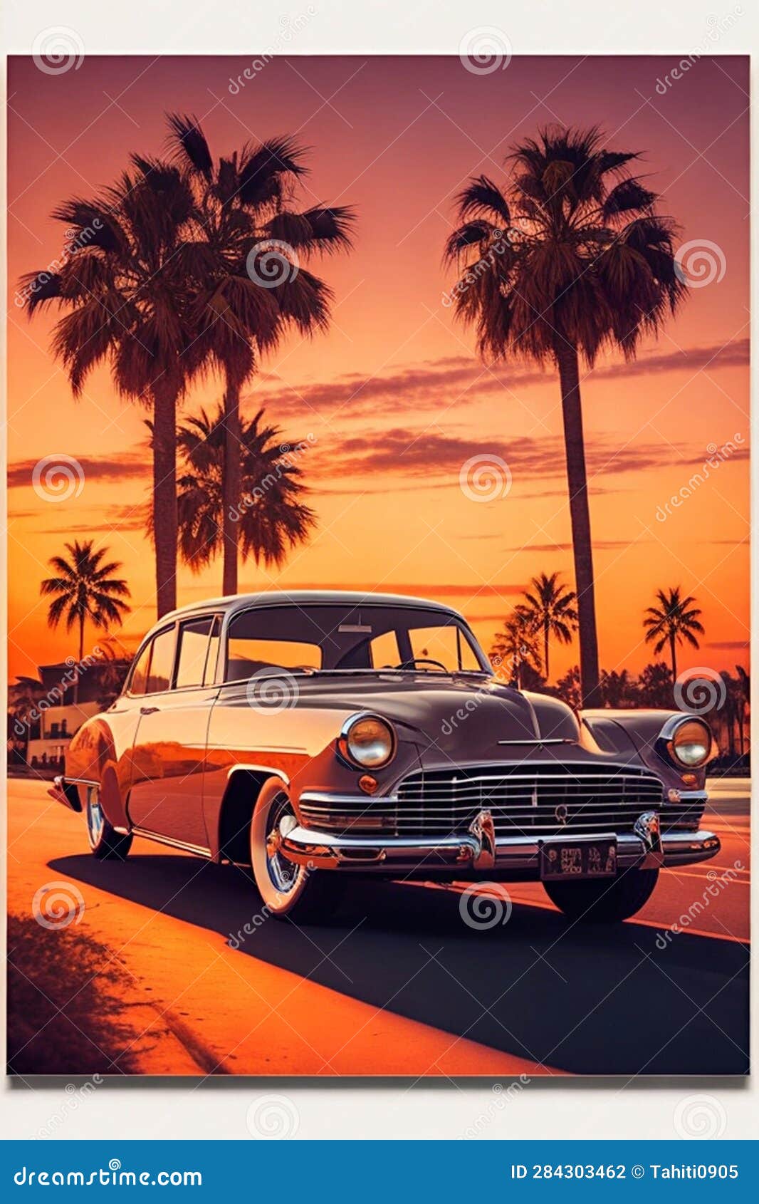 Vintage Retro Car with Palm Trees and Sunset Background Stock