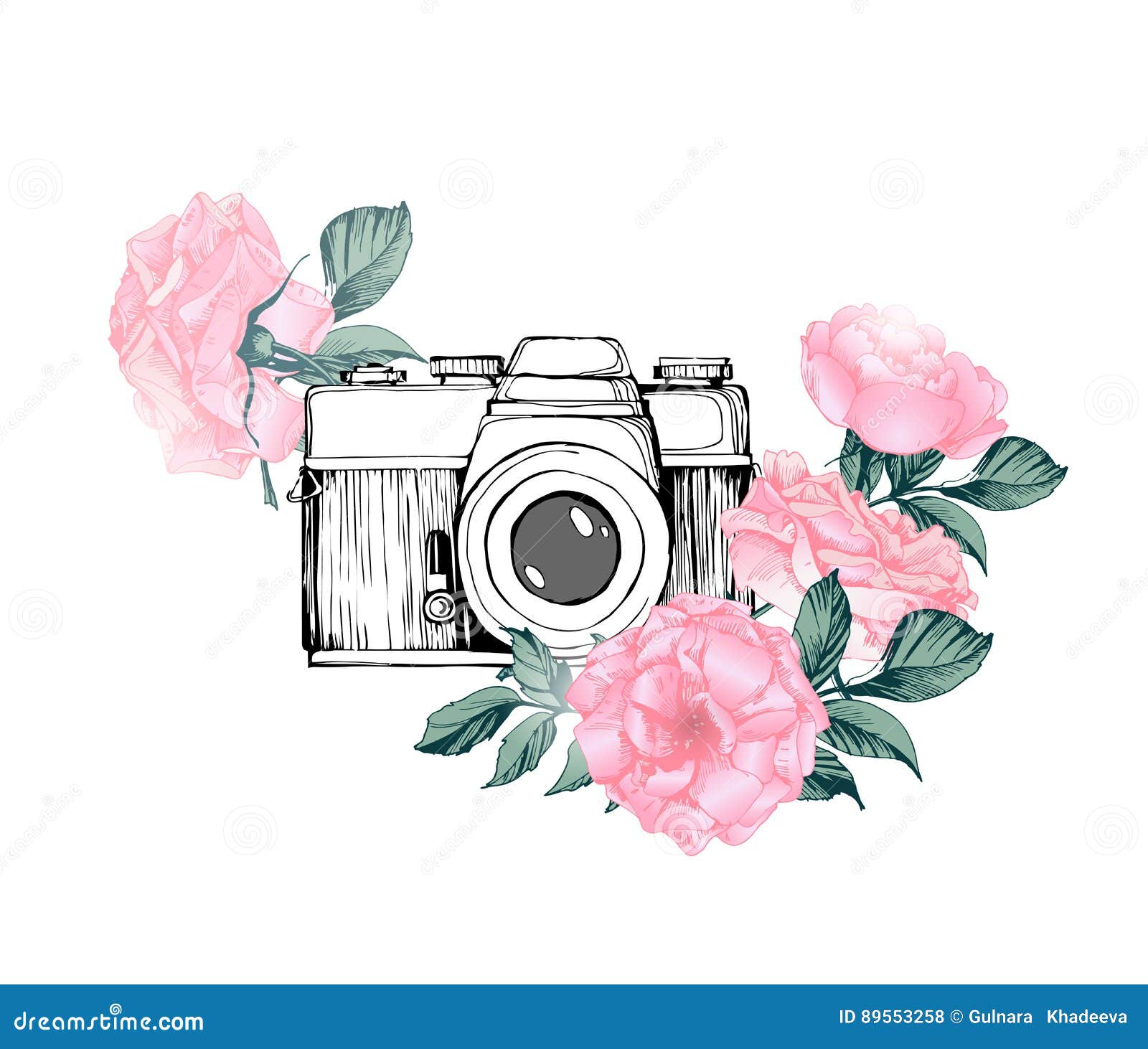 Download Vintage Retro Photo Camera In Flowers, Leaves, Branches On White Background. Hand Drawn Vector ...