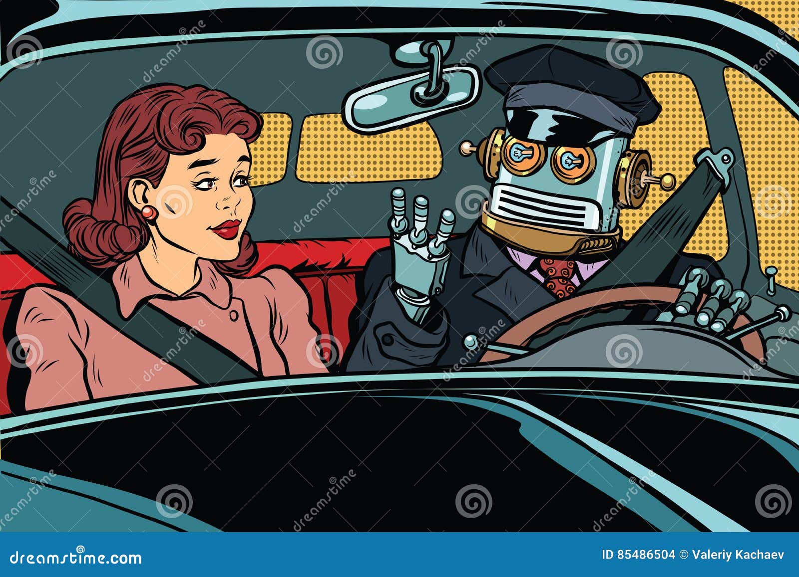 vintage retro robot autopilot car, woman passenger