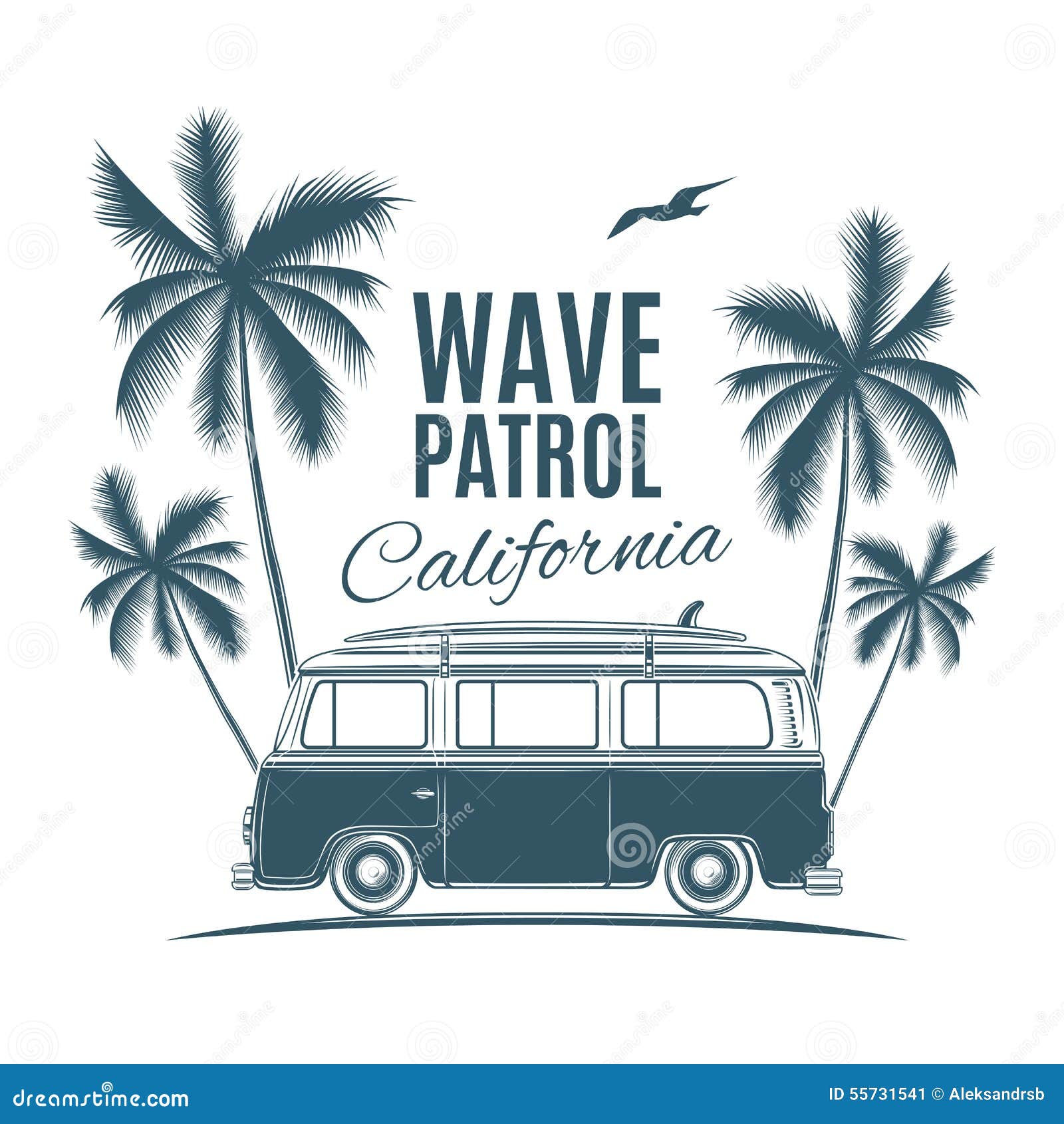 Vintage, Retro Surf Van With Palms And A Gull Stock Vector