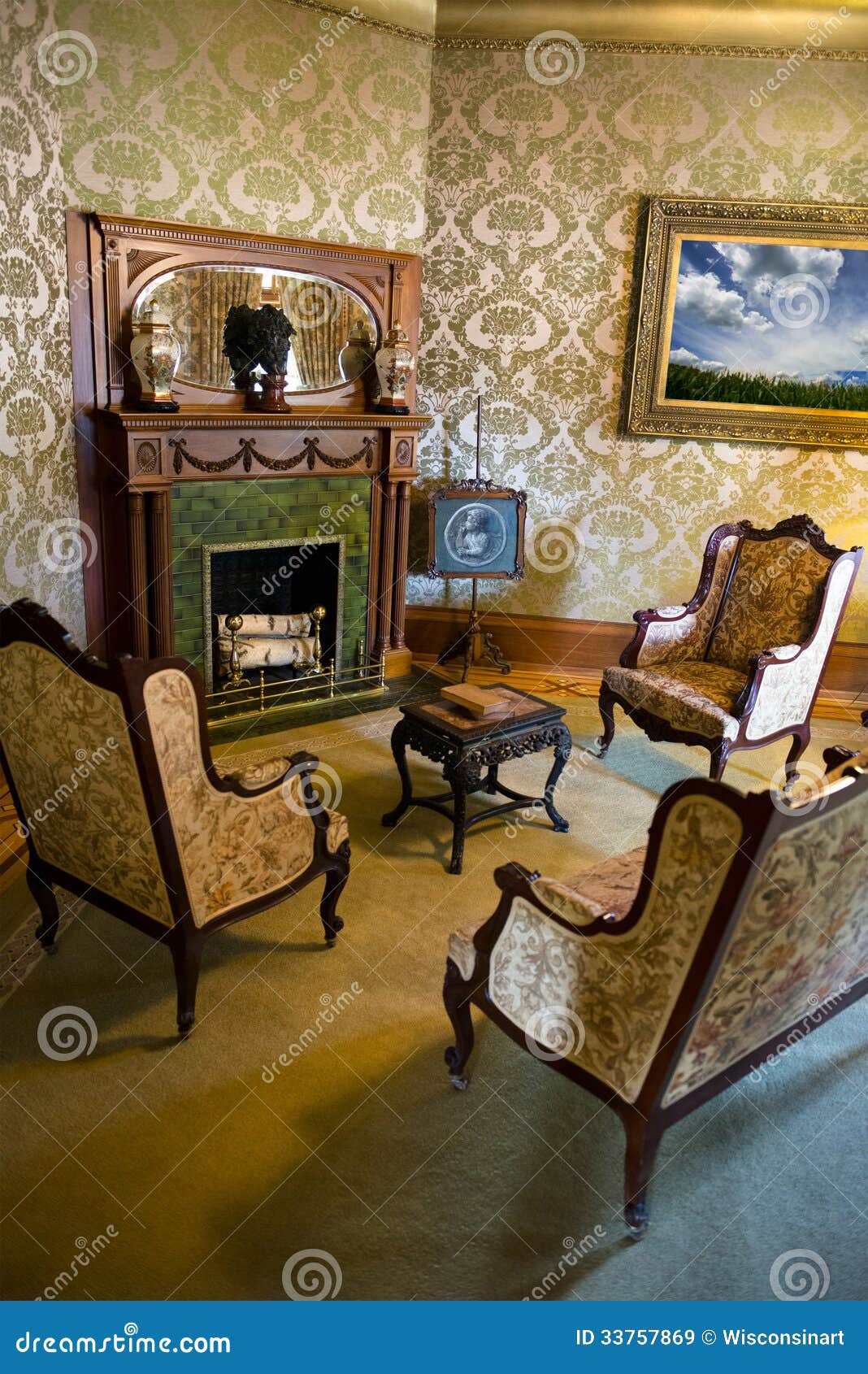 vintage retro victorian mansion parlor abd fireplace