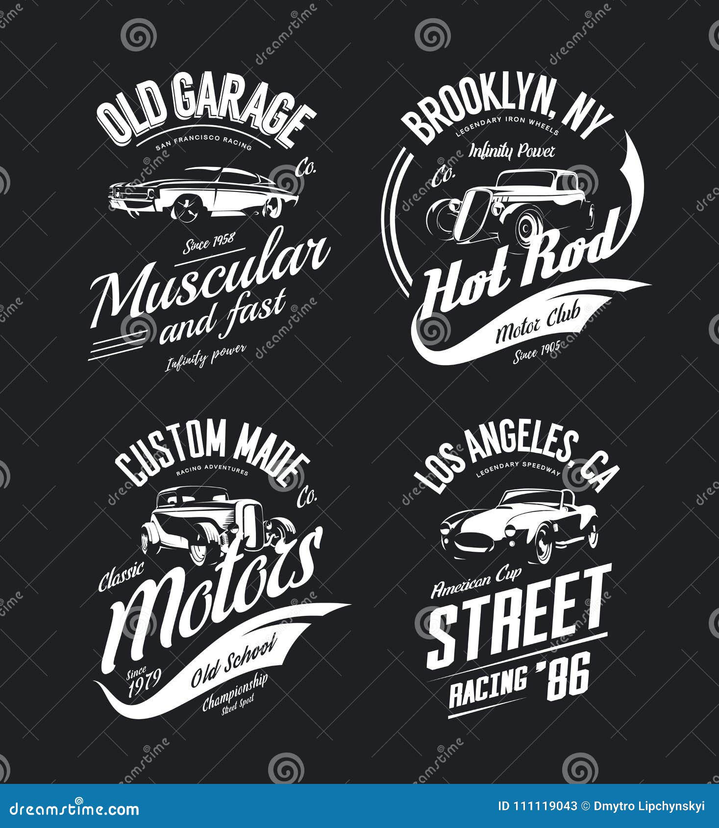 vintage roadster, custom hot rod and muscle car  tee-shirt logo  set.