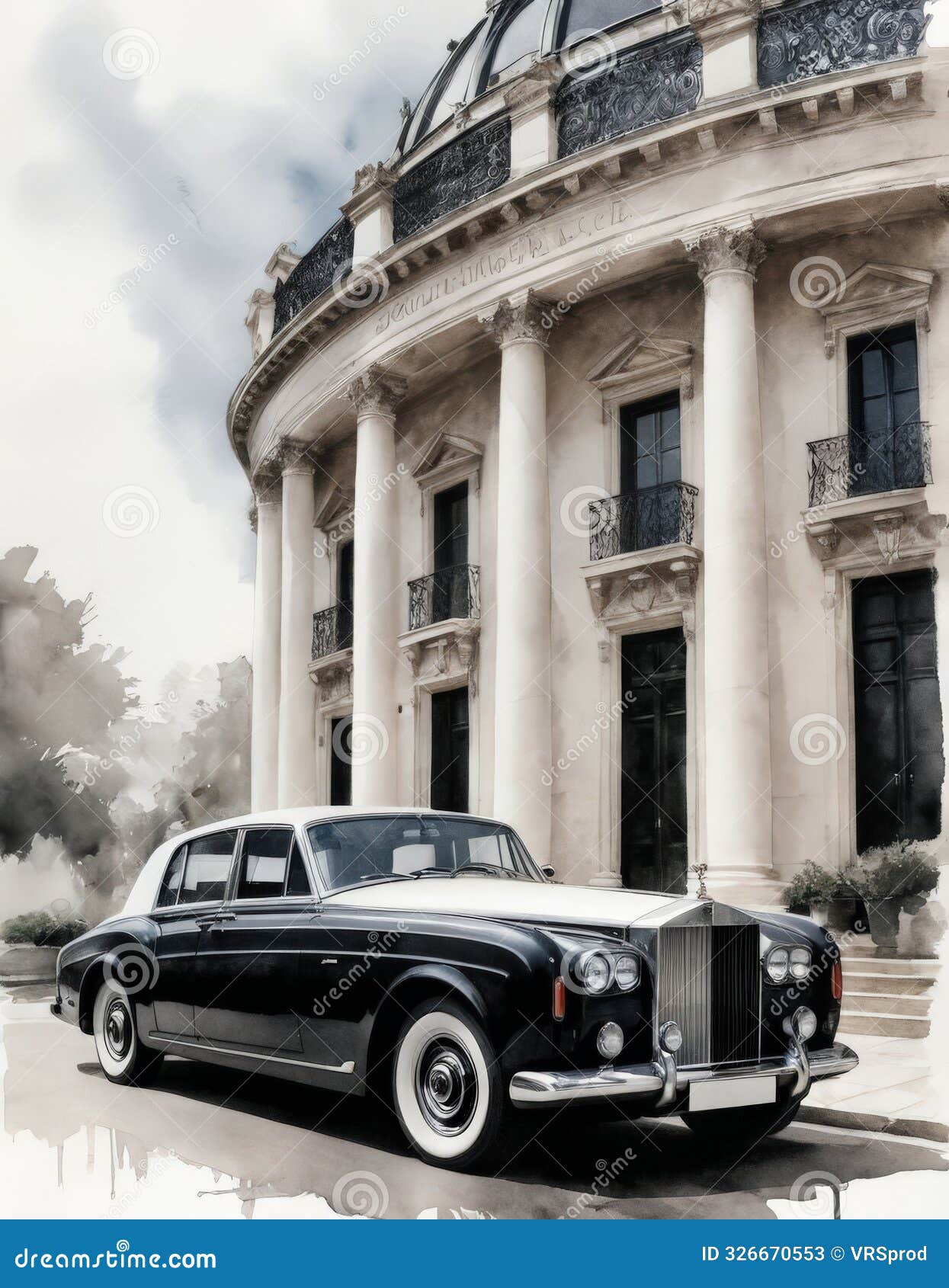 vintage rolls-royce parked in front of classical building
