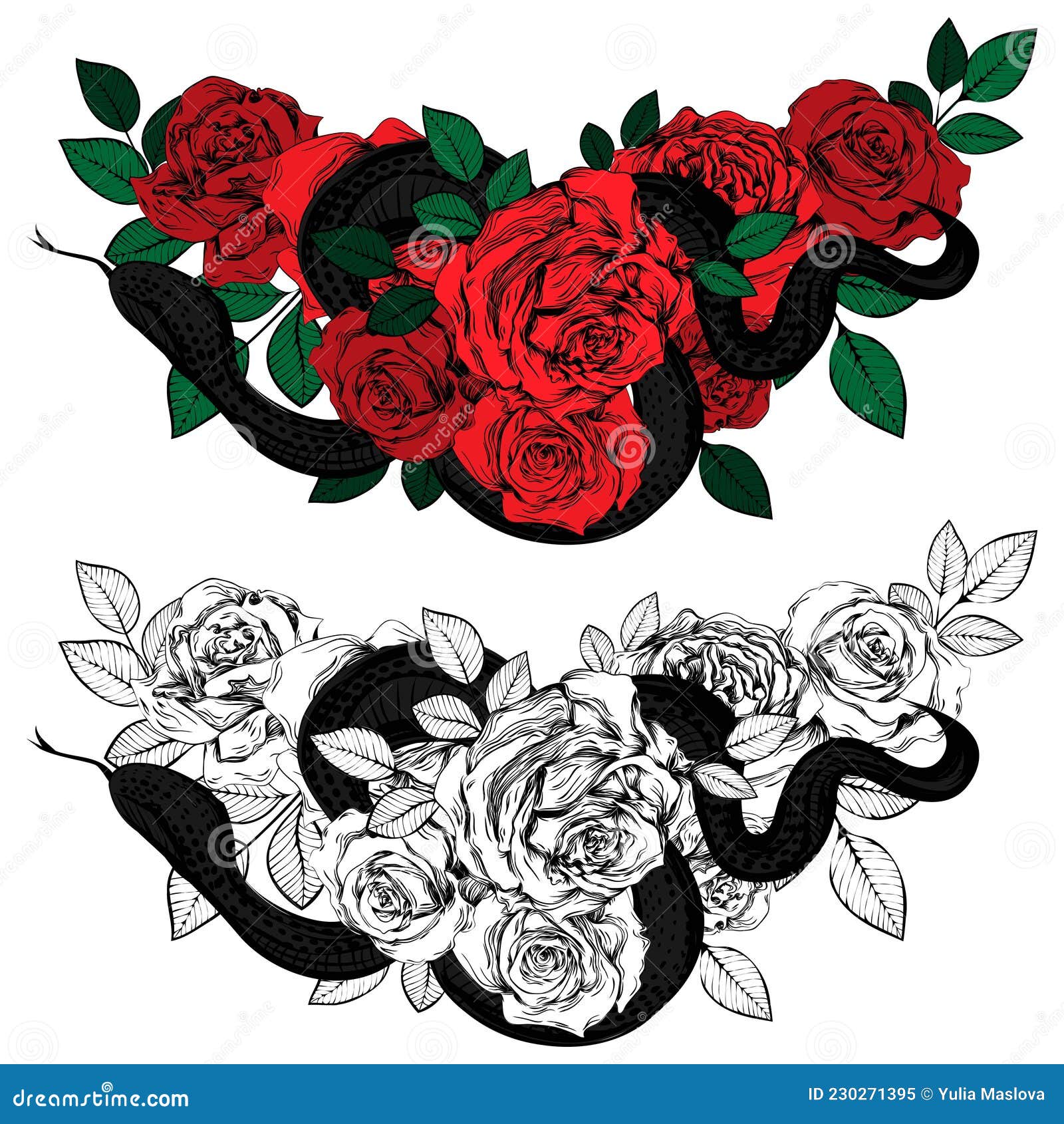 Vintage Roses and Snakes. Set of Gothic Tattoos. Collection of Graphic ...