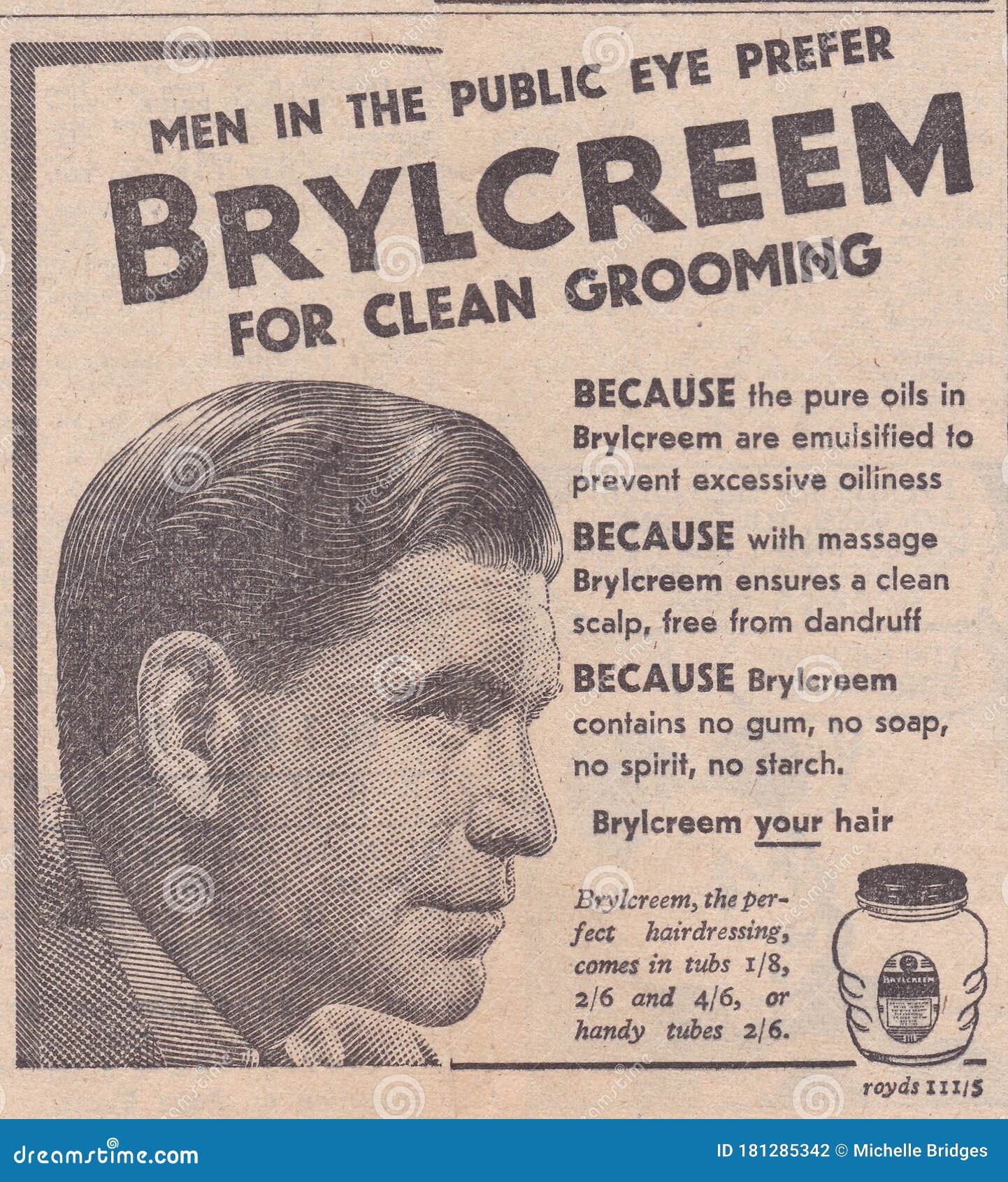 Vintage 1950s Newspaper Advert - Brylcreem. Editorial Photography -  Illustration of grooming, advert: 181285342