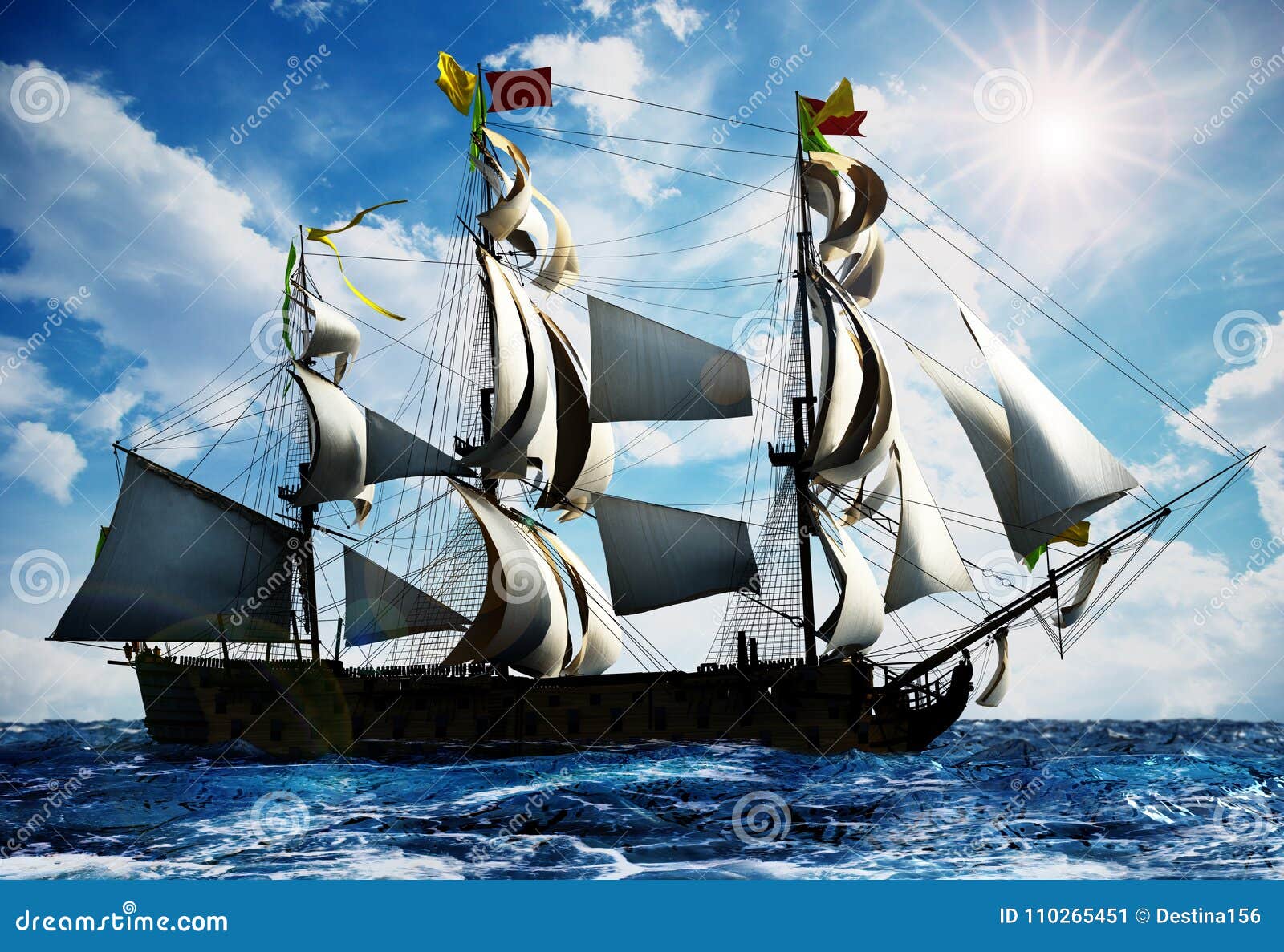 Vintage Sailing Ship at the Sea Under Clear Sky. 3D Illustration Stock