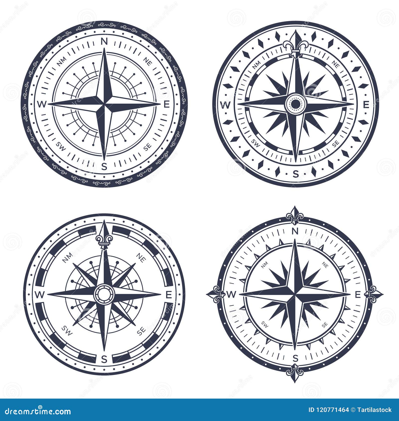 Vintage Sea Compass. Retro East and West, North and South Arrows