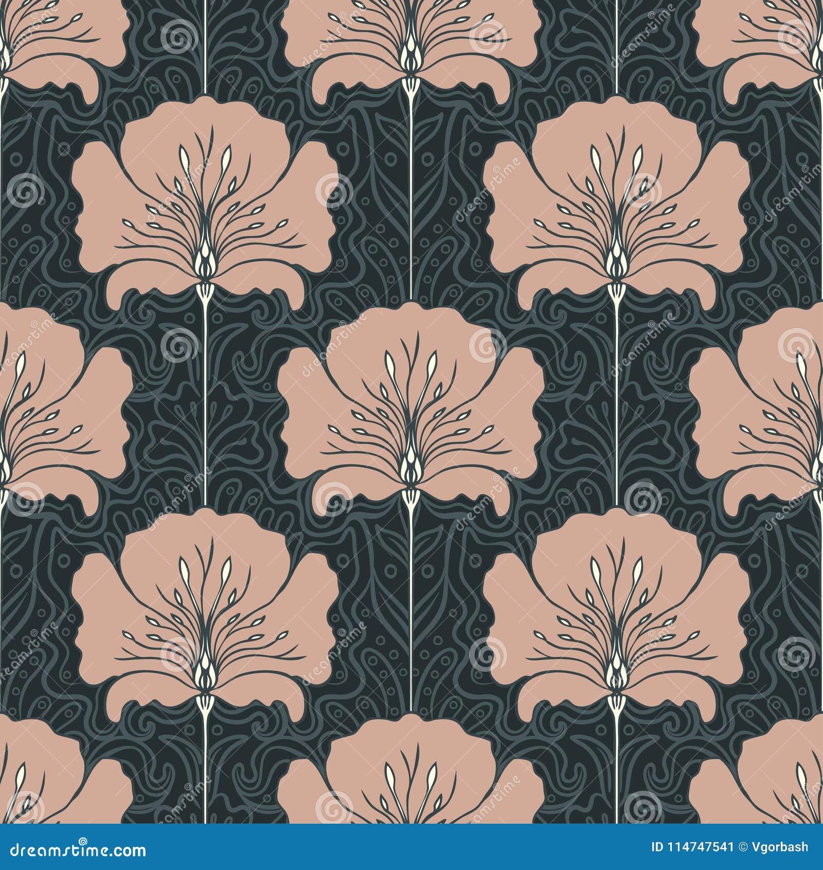 Vintage Seamless Pattern With Pink Flowers Art Nouveau Style V Vintage Seamless Pattern With Pink Flowers Art Nouveau Style V