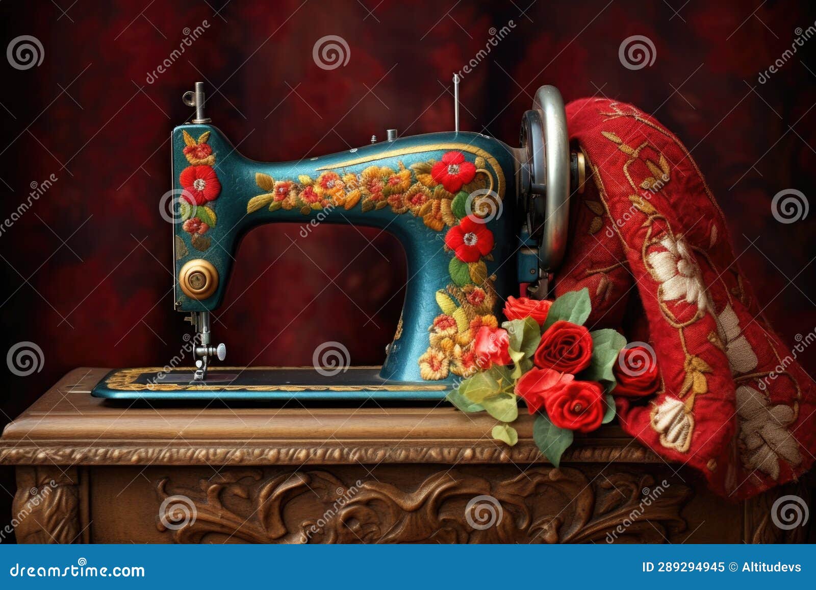 Vintage Sewing Machine with Colorful Fabric Stock Image Image of