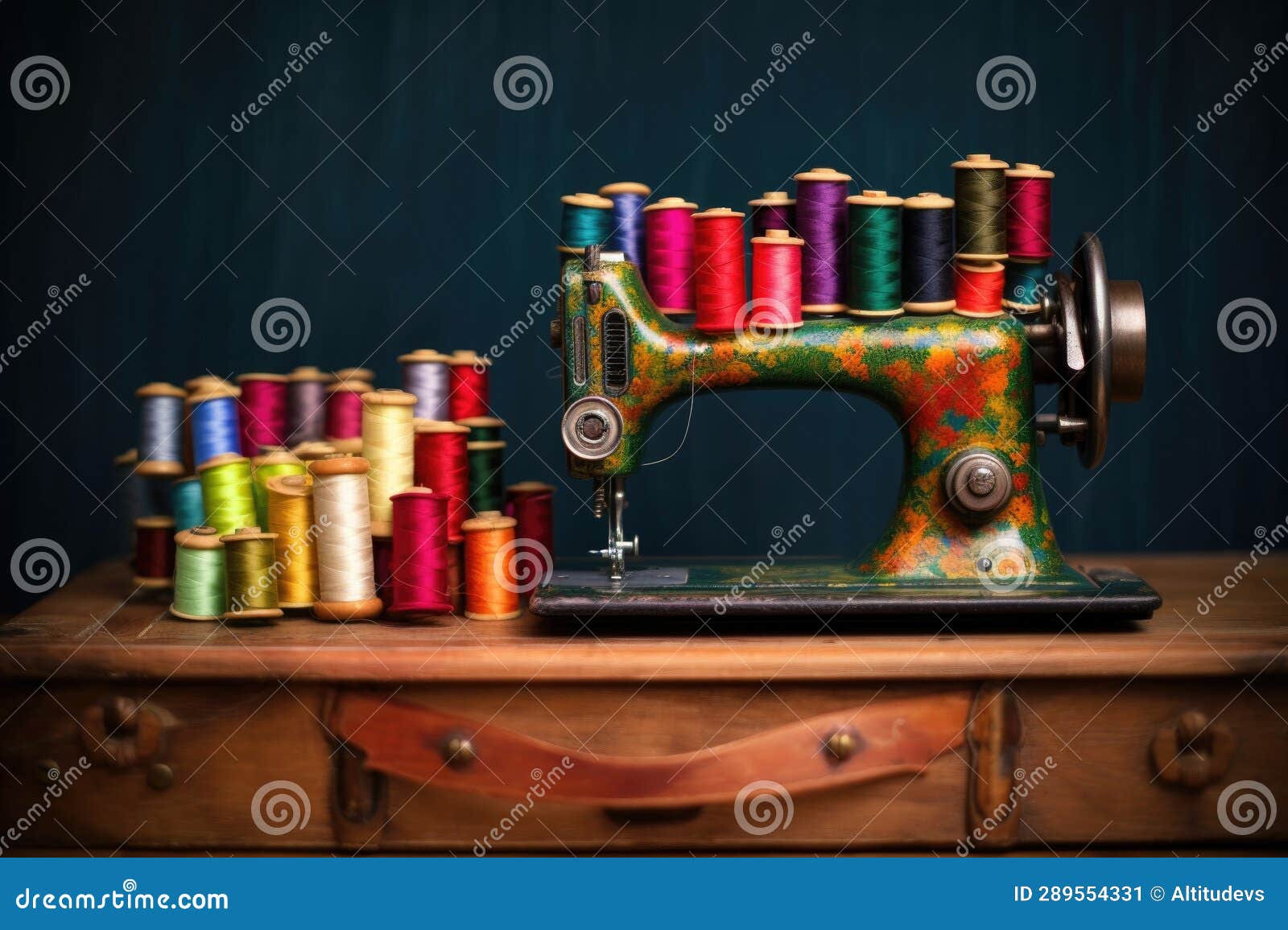 Vintage Sewing Machine with Colorful Thread Spools Stock Illustration