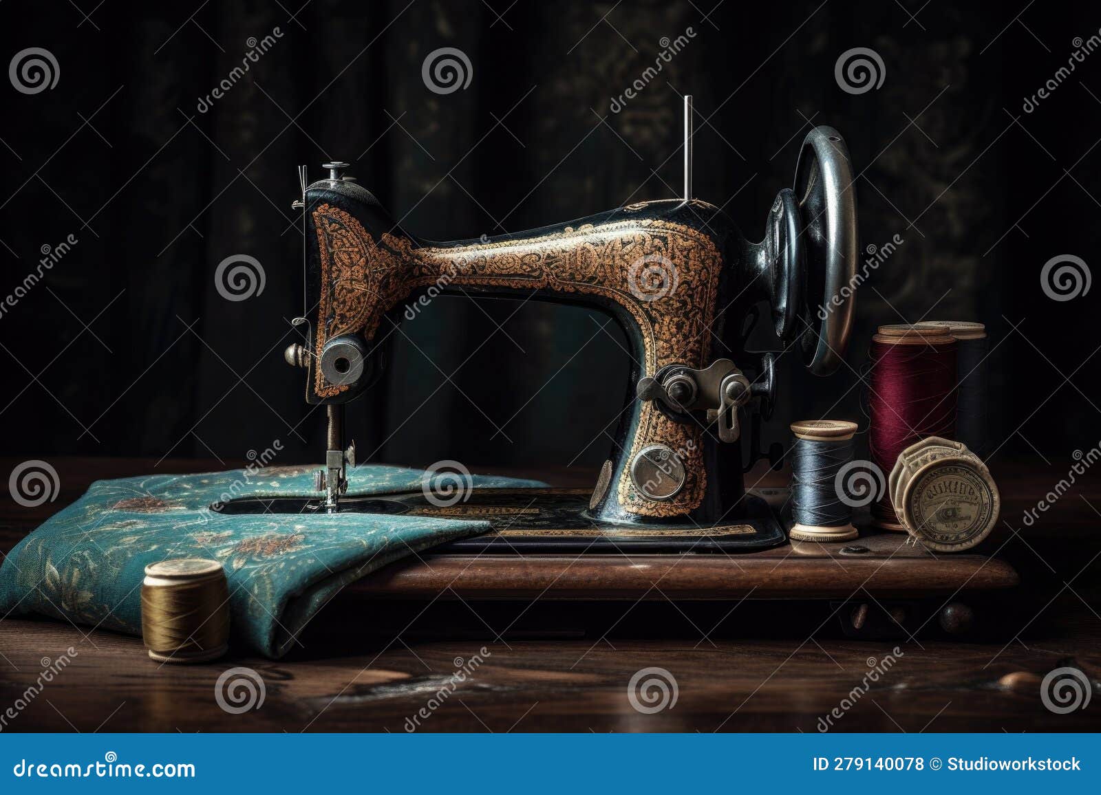 Vintage Sewing Machine with Fabrics and Threads in Various Colors Stock