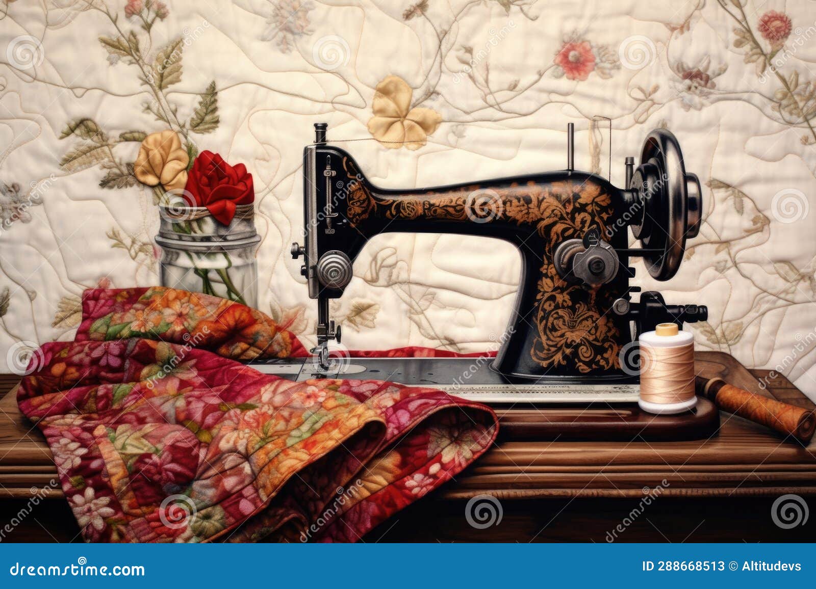 Vintage Sewing Machine with Quilt Fabric and Thread Stock Image Image