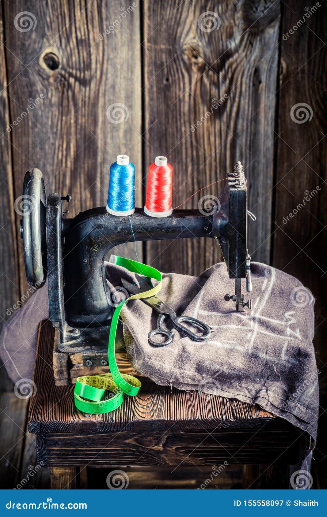 Vintage Sewing Machine with Scissors and Threads Stock Image Image of
