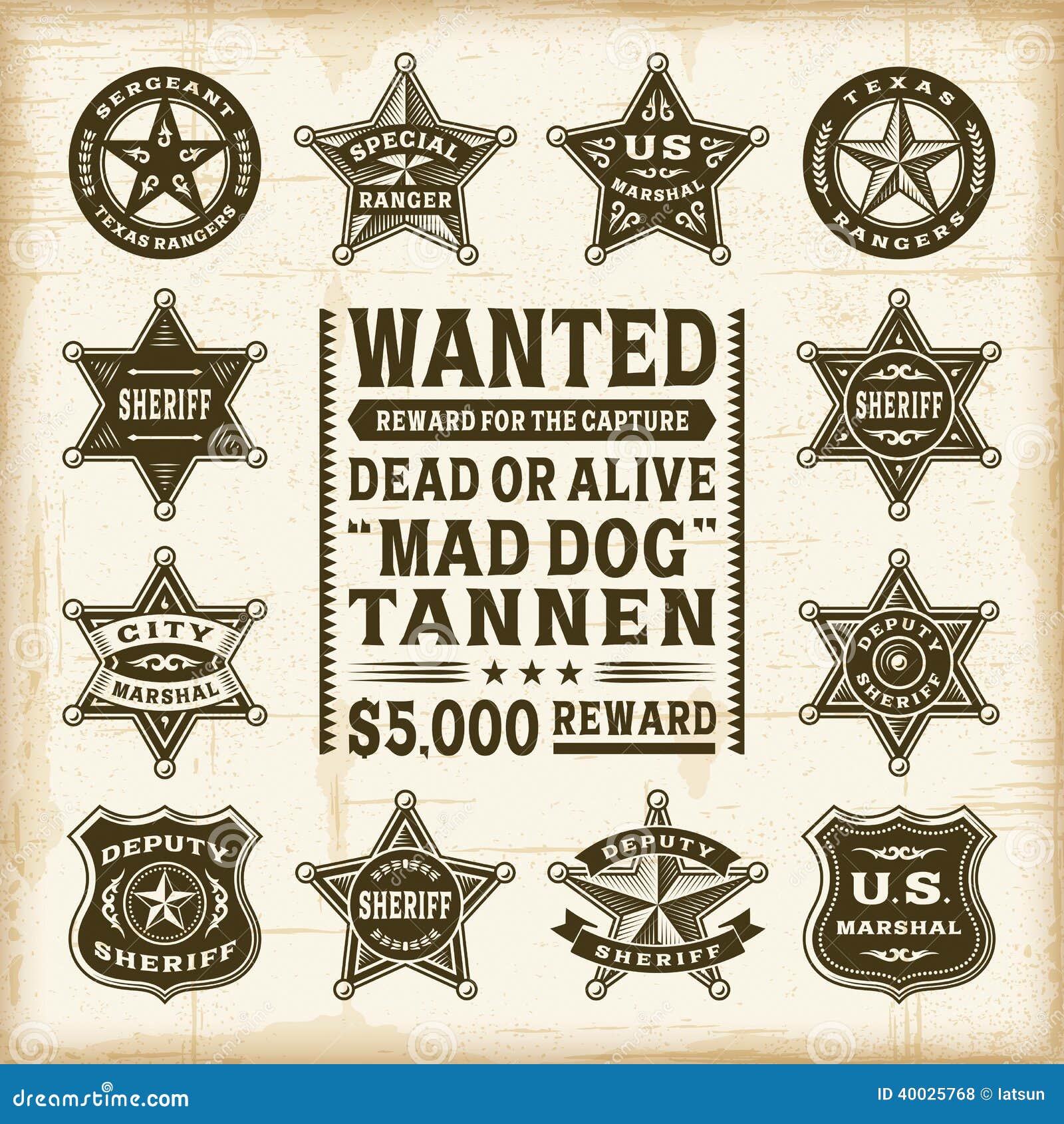 vintage sheriff, marshal and ranger badges set