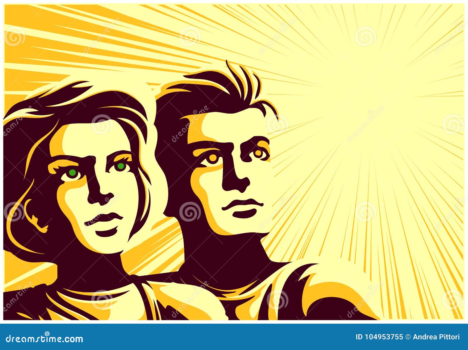 retro soviet propaganda style couple man and woman looking into the distance with inspired face expression  