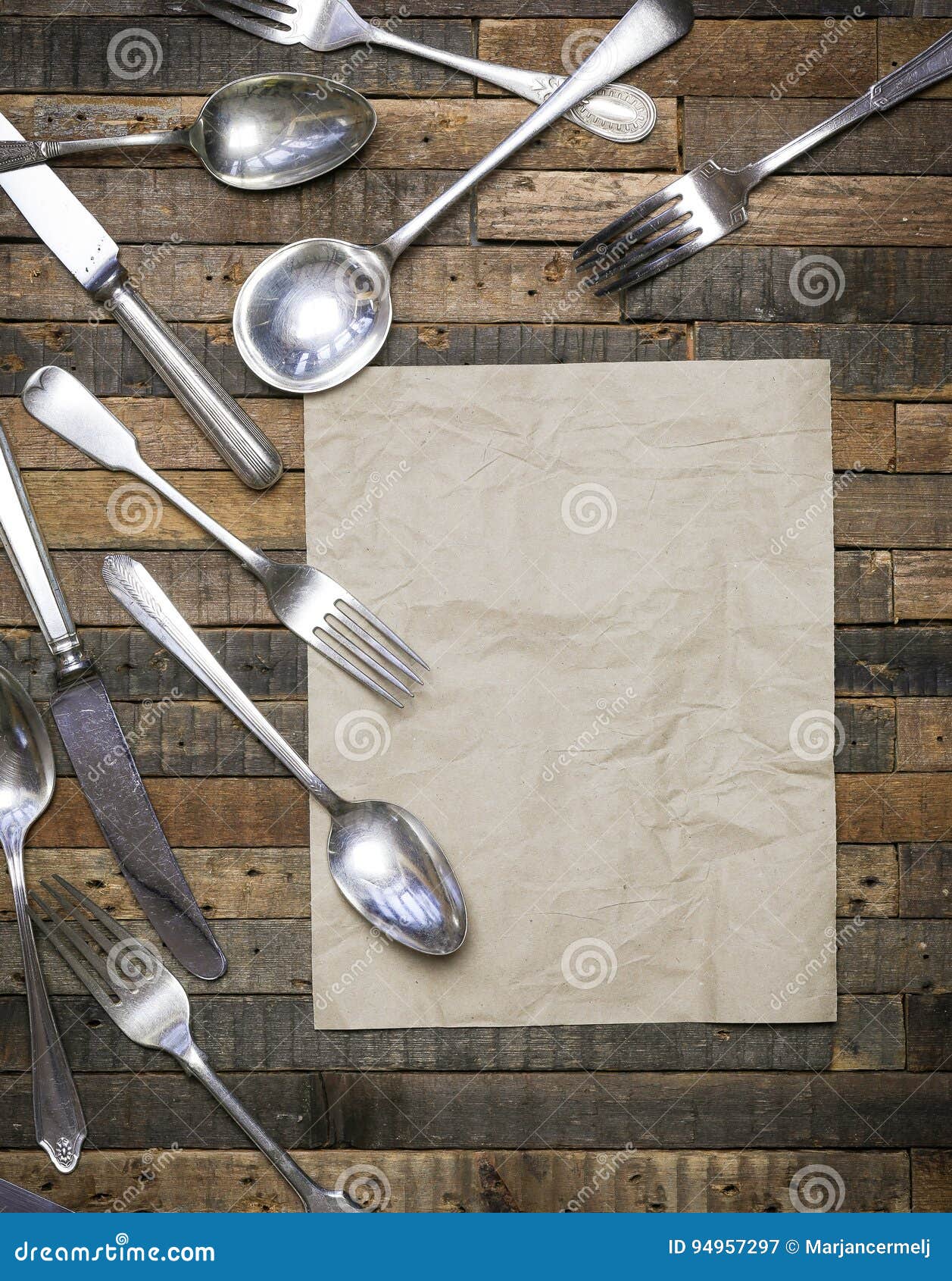 vintage spoons forks and knives wooden background flat lay instagram mockup