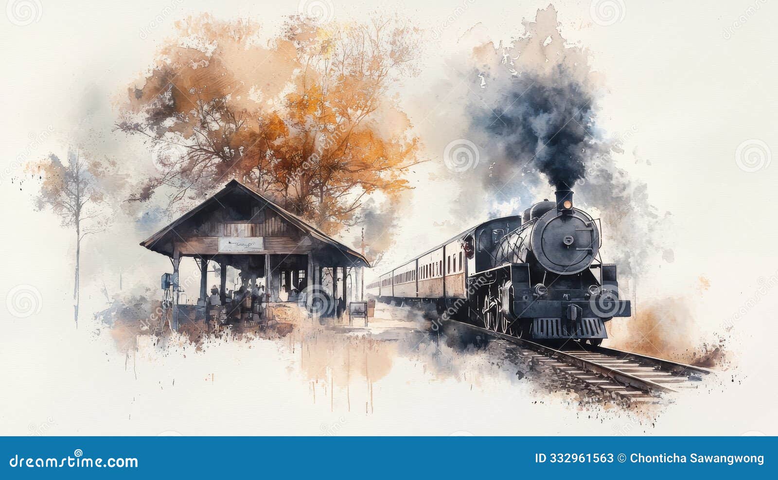a vintage steam train passing a rustic station surrounded by vibrant autumn foliage. a nostalgic journey through time