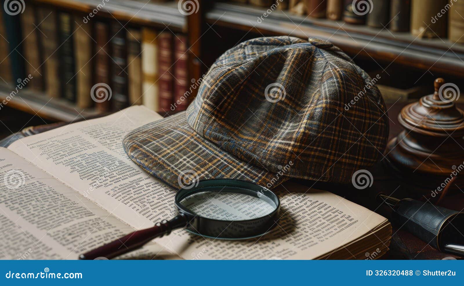 a vintage study room with sherlock holmes iconic deerstalker hat resting on an open casebook next to a magnifying glass