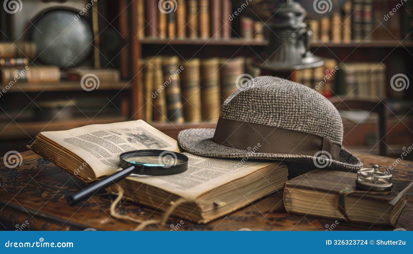 a vintage study room with sherlock holmes iconic deerstalker hat resting on an open casebook next to a magnifying glass