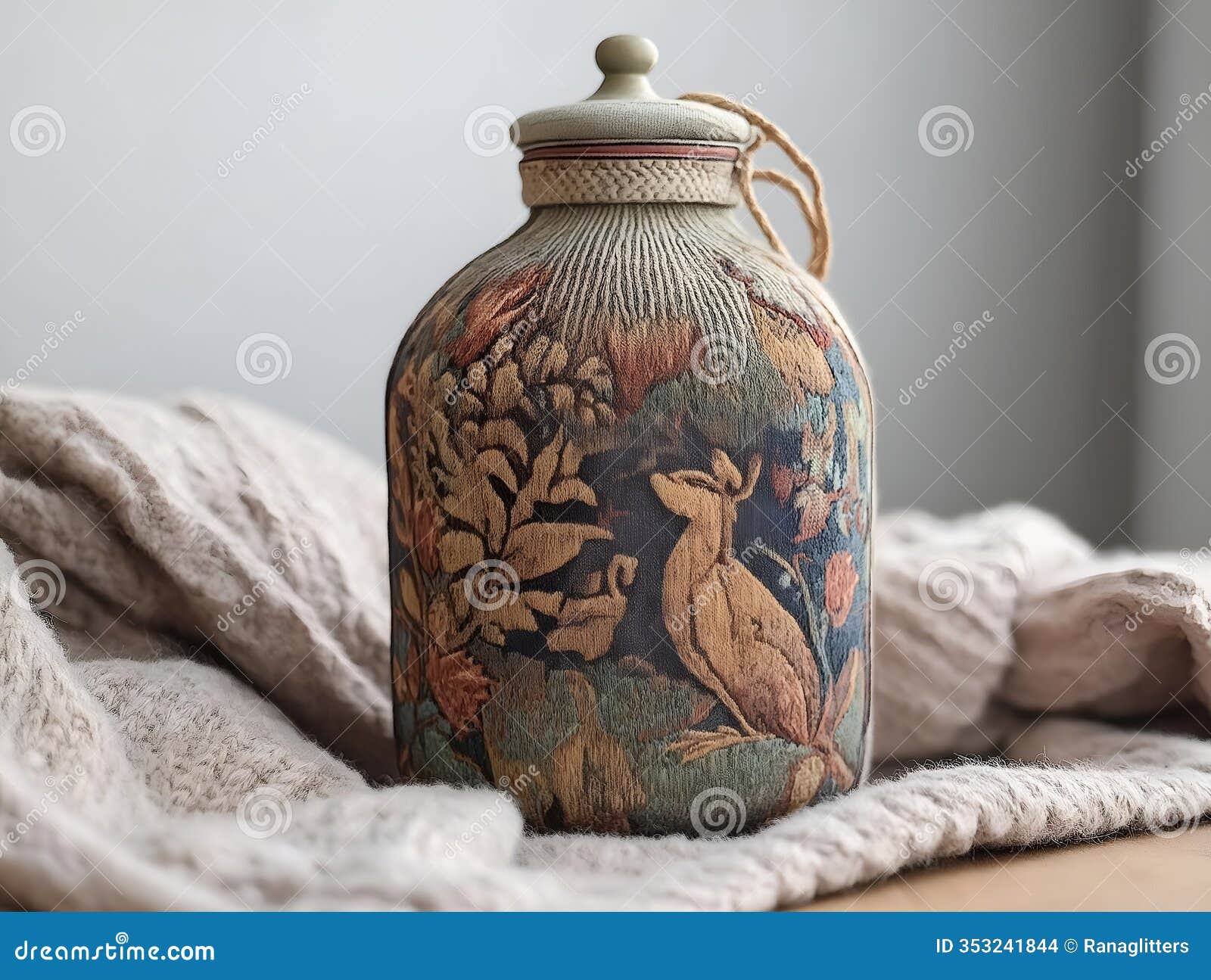 vintage-style ceramic jar with detailed bird , displayed on a textured surface