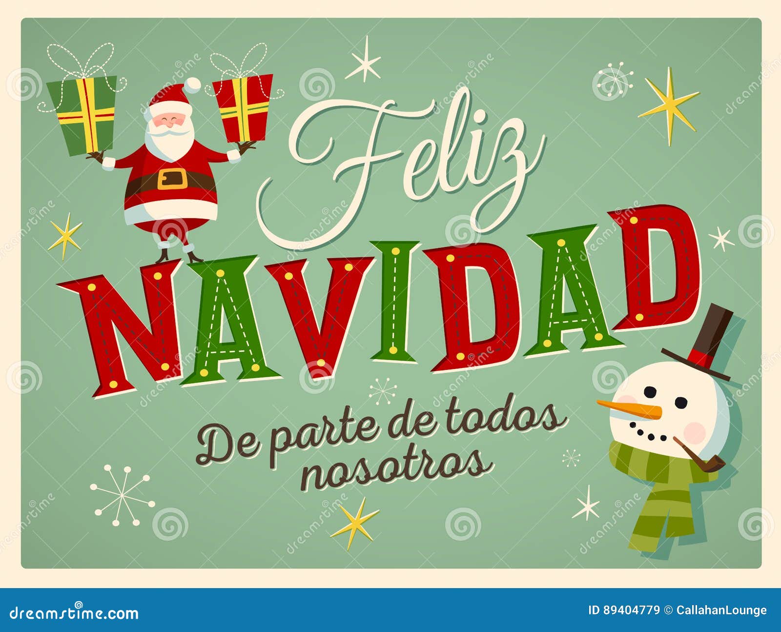 vintage style christmas greeting card in spanish. feliz navidad de parte de todos nosotros.