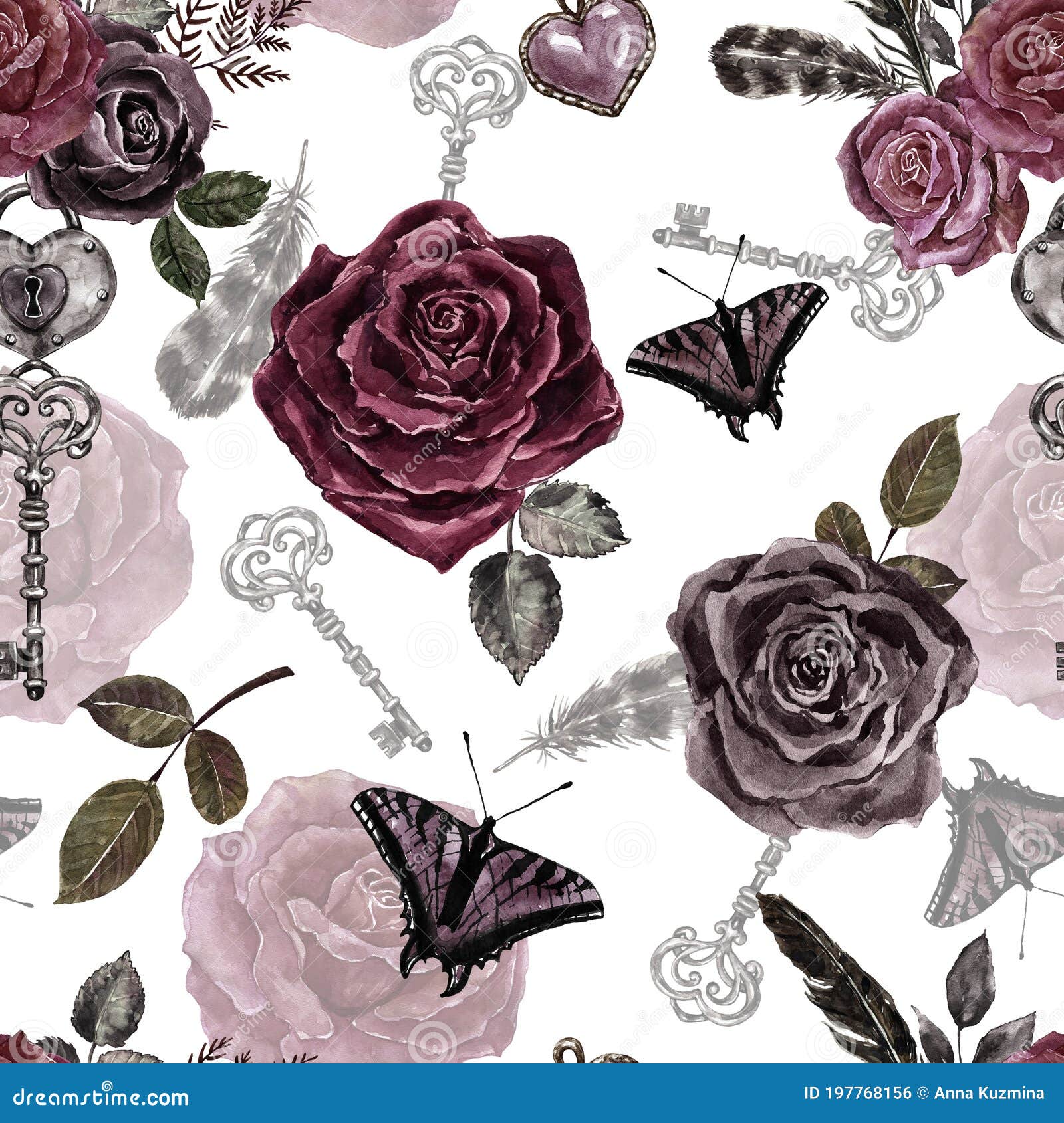 Victorian Gothic Style Seamless Pattern with Watercolor Red, Black and  Burgundy Roses, Vintage Key, Butterfly on White Background Stock  Illustration - Illustration of purple, padlock: 197768156