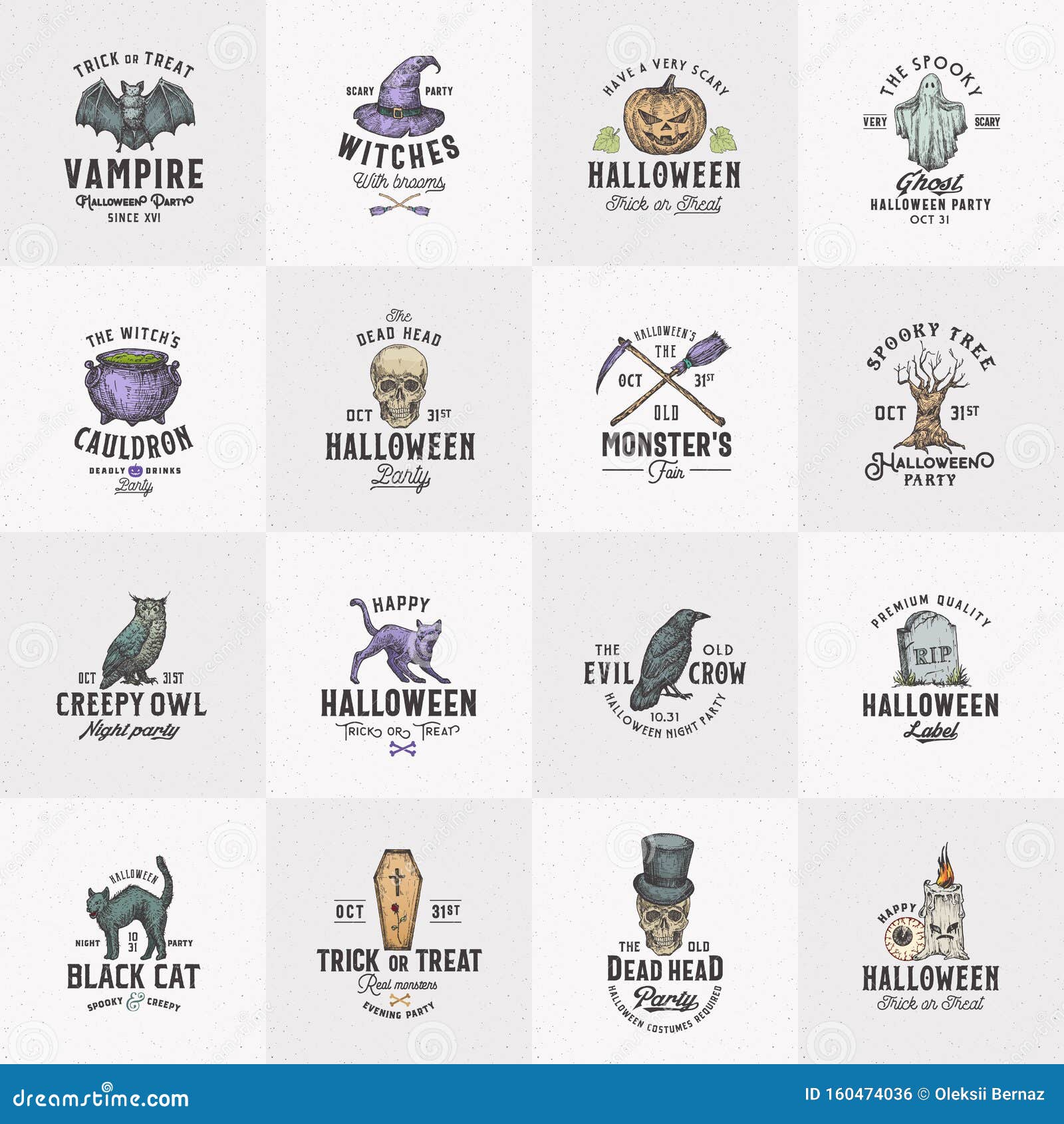 Vintage Style Halloween Logos or Labels Template Big Set. Hand Drawn Raven, Scull, Cat, Bat, Witch Hat and Tombstone Stock Vector - Illustration of logo, holiday: 160474036