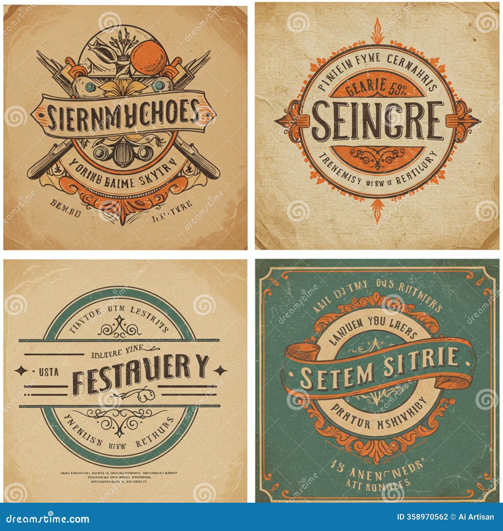 vintage-style labels arranged in a 2x2 grid, each featuring ornate s