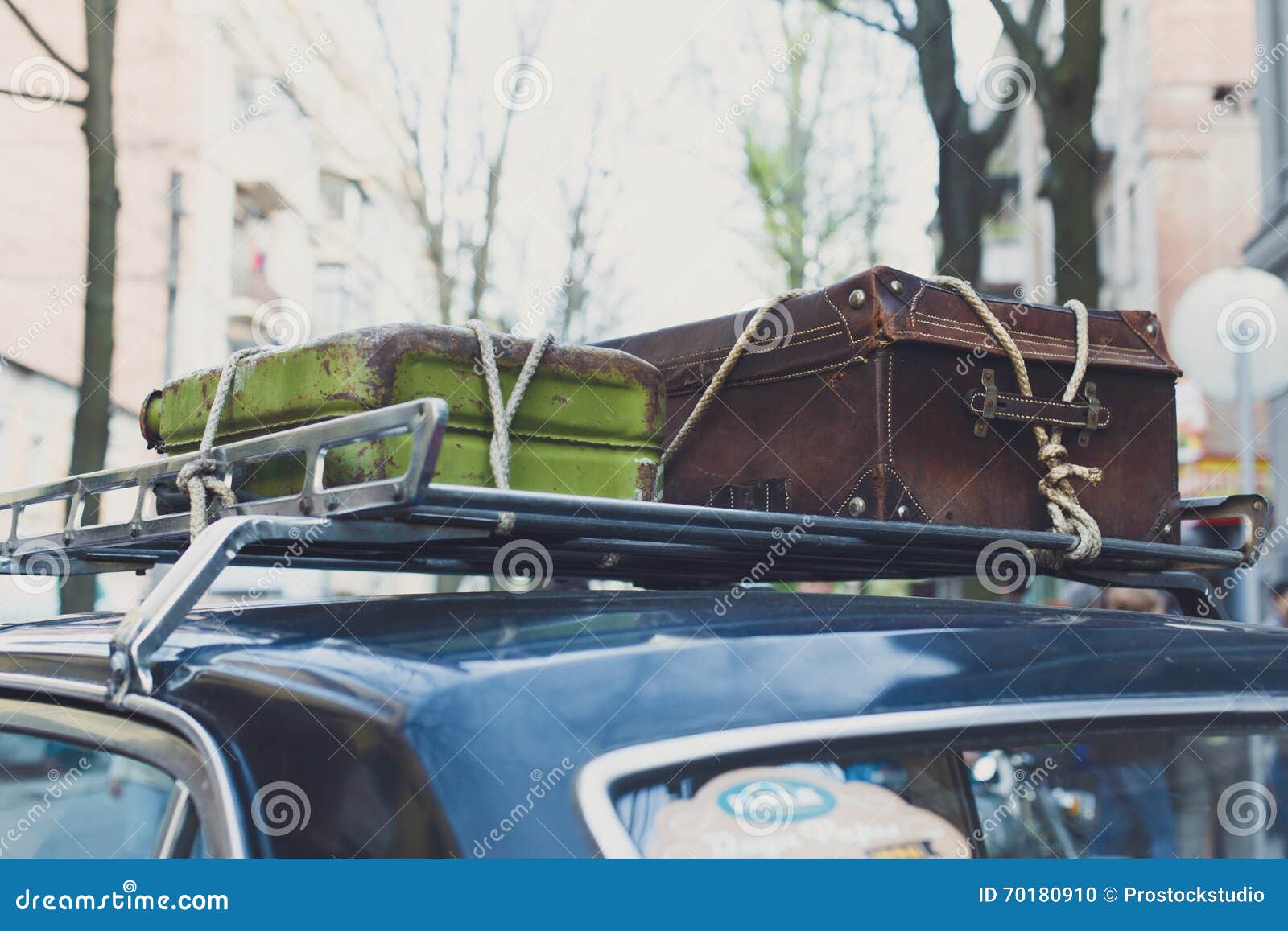Suitcase In The Luggage Rack Of Vintage Car Stock Photo - Download