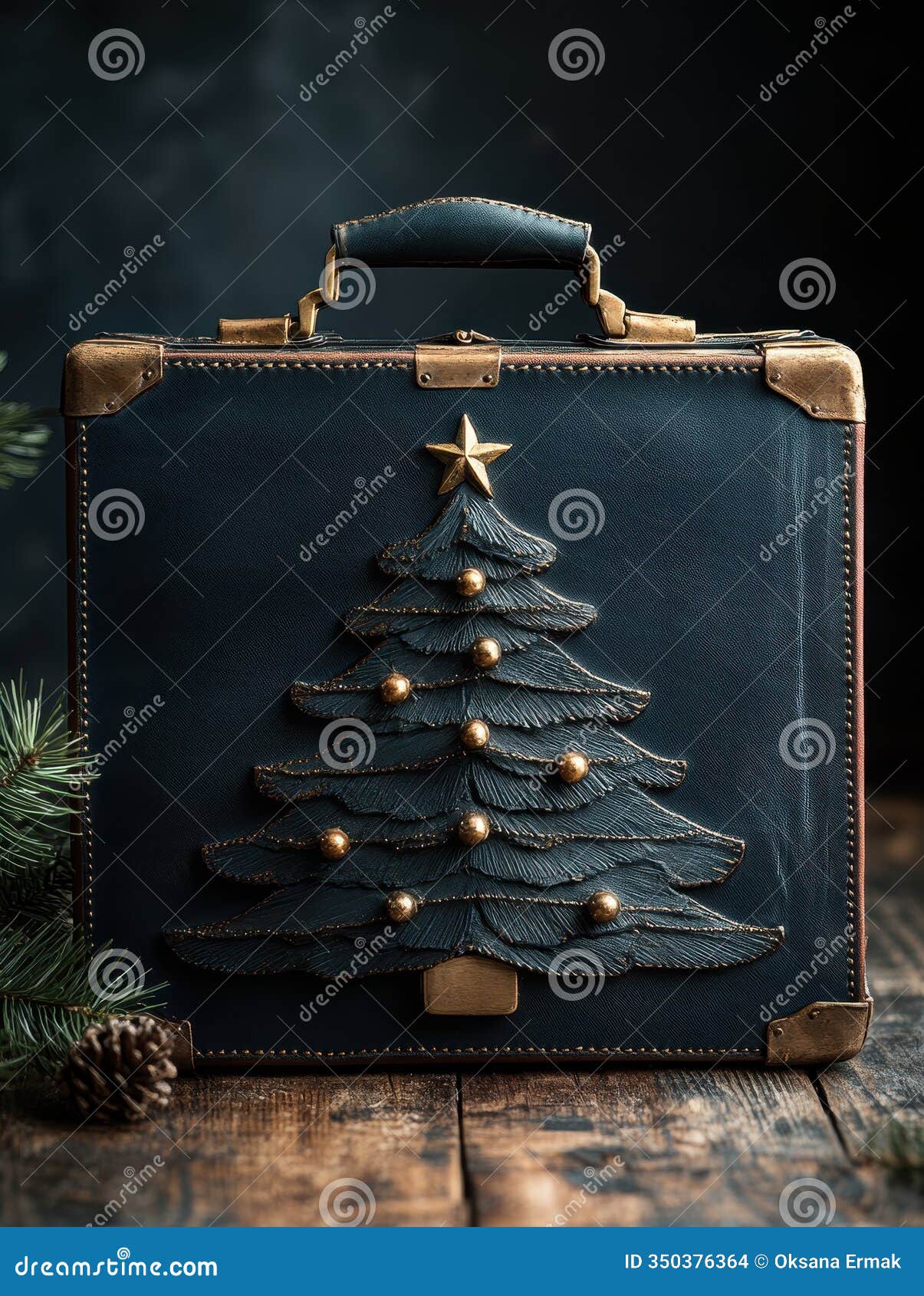 a vintage suitcase placed next to a christmas tree, creating a nostalgic and rustic holiday scene